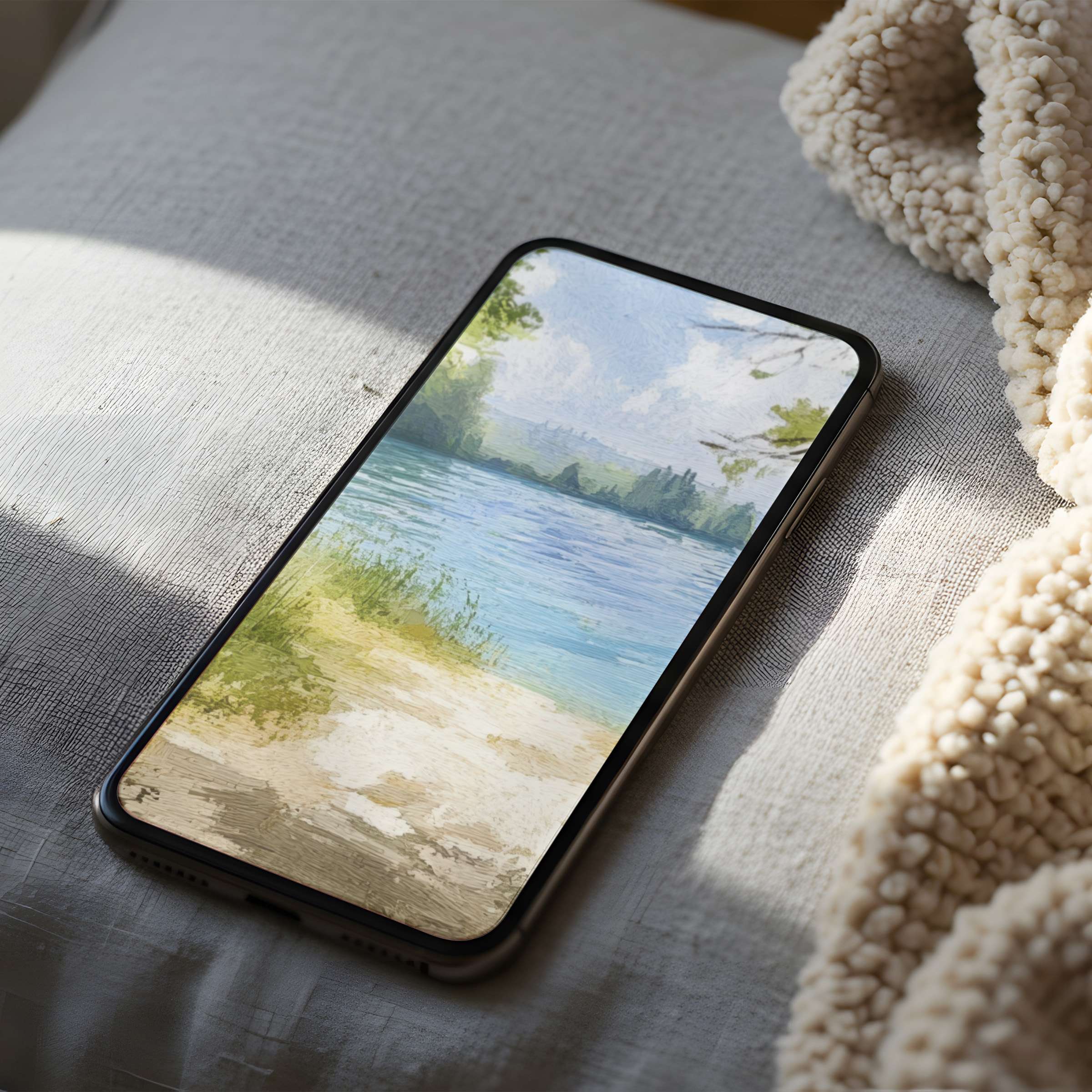 Elegant phone wallpaper featuring a serene lakeside landscape in high resolution, perfect for iPhone and Android digital download