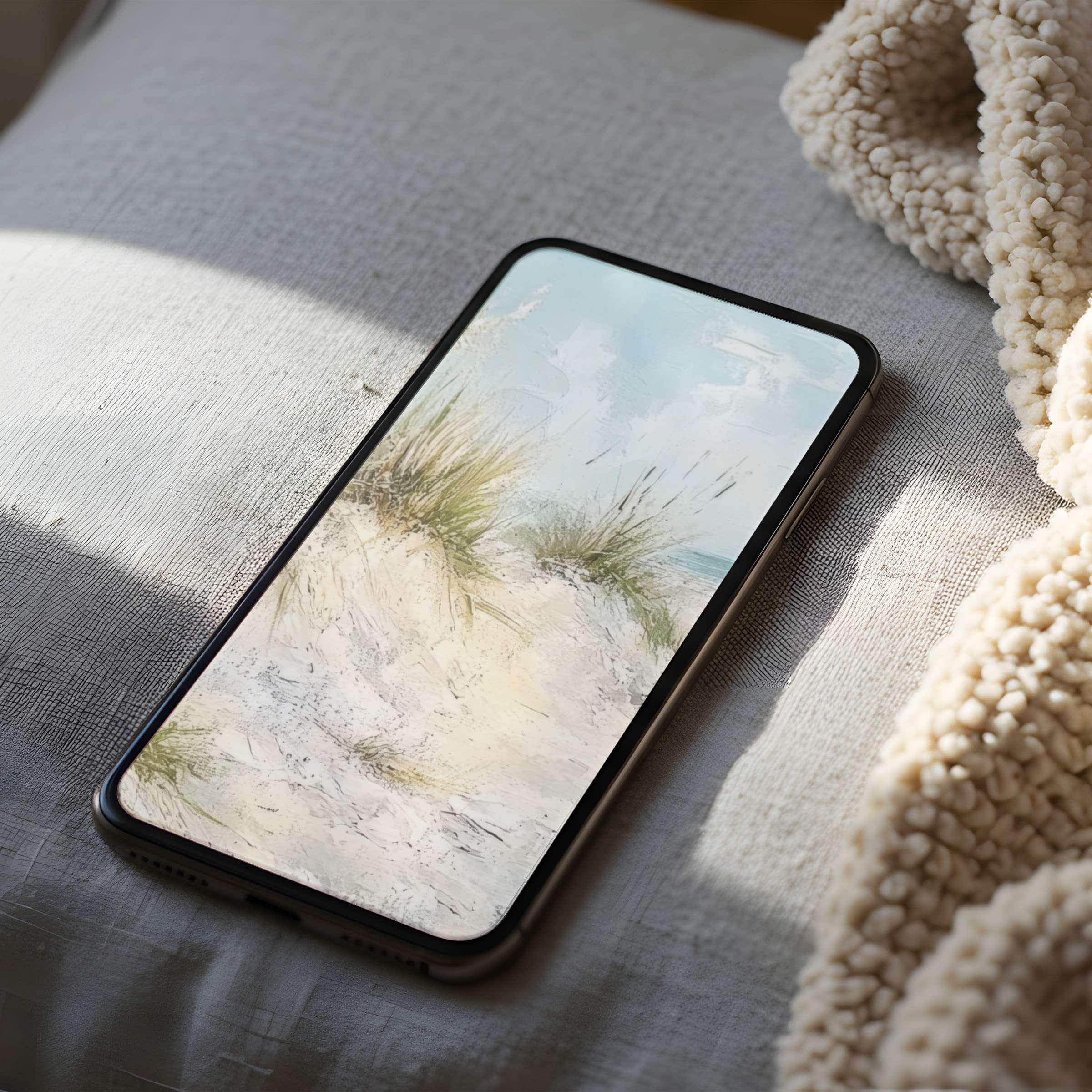 Elegant coastal phone wallpaper featuring serene dunes and pastel skies, perfect for iPhone and Android, calming digital download