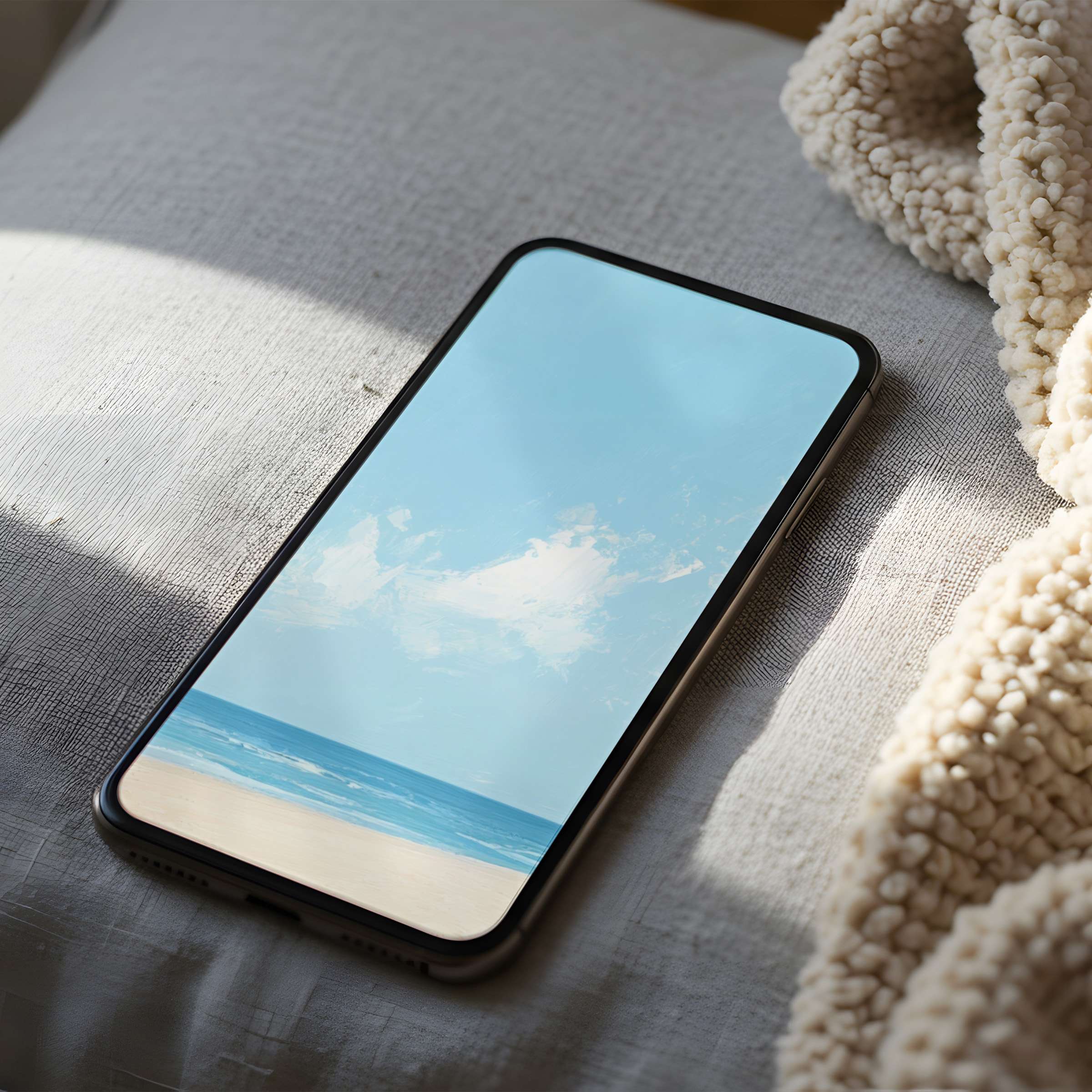 Serene ocean view phone wallpaper with pastel blue sky and soft sand enhances calm, suitable for high resolution iPhone and Android download