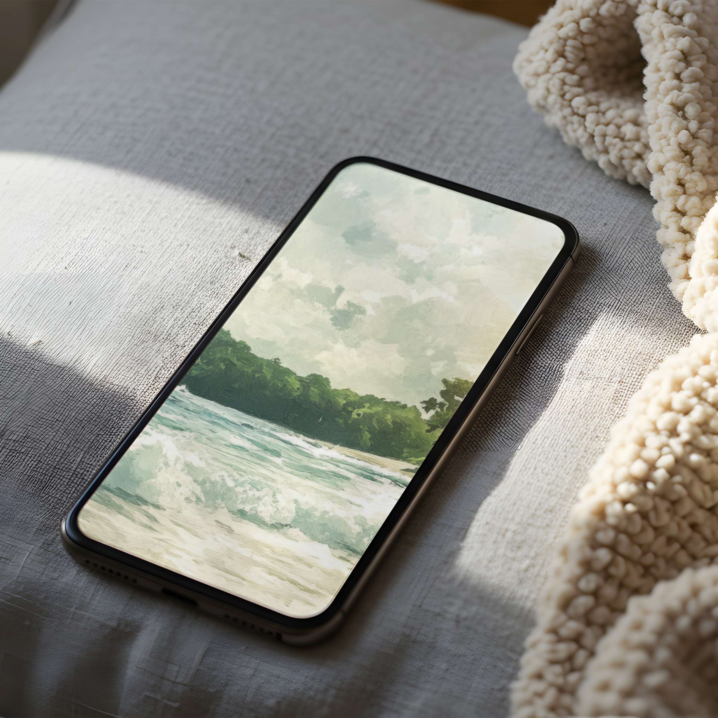 Serene beach landscape phone wallpaper with soft hues inspires relaxation suitable for iPhone and Android high-resolution digital download