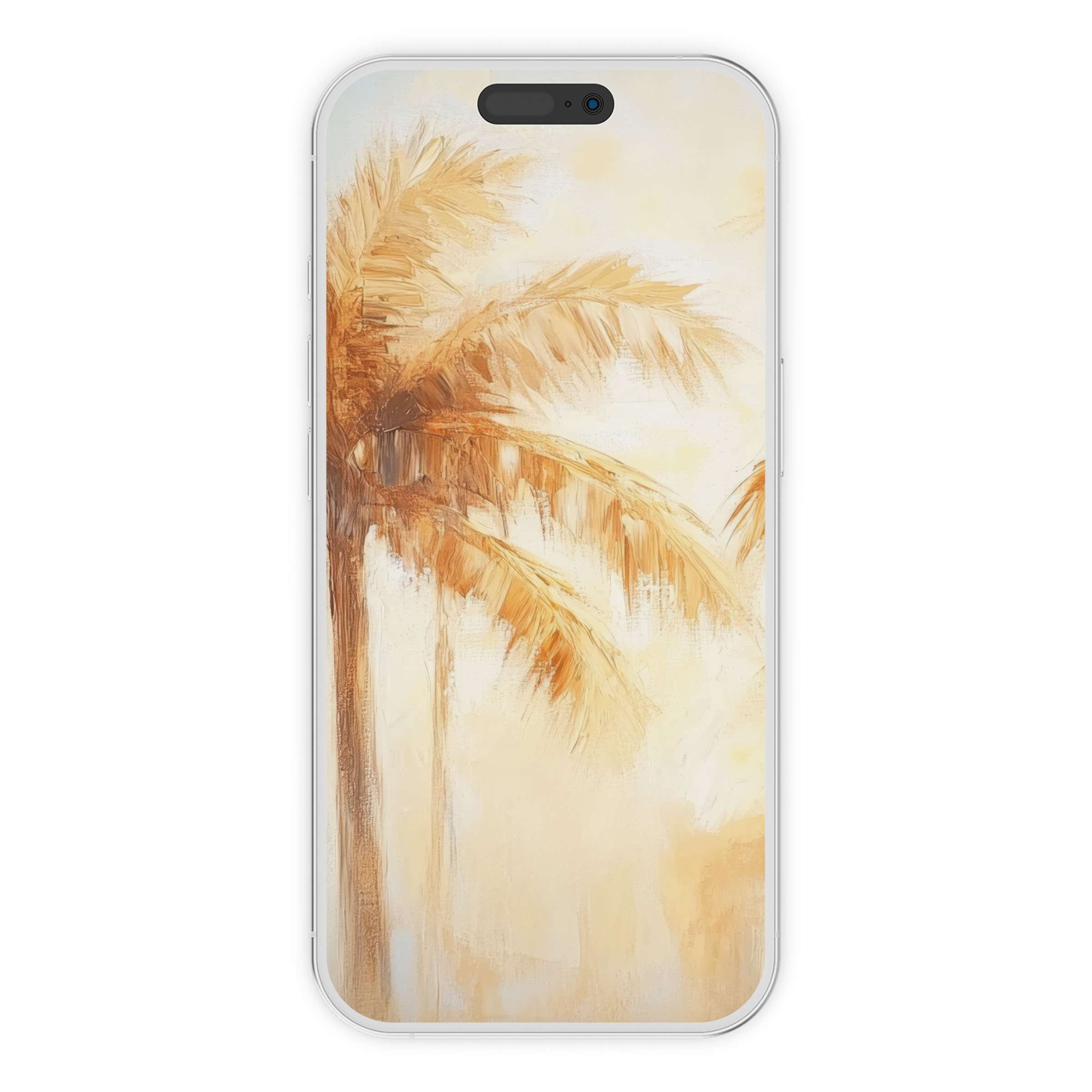 Elegant summer iPhone wallpaper features serene palm tree brushstrokes creating a calming phone background for digital download and eco-living