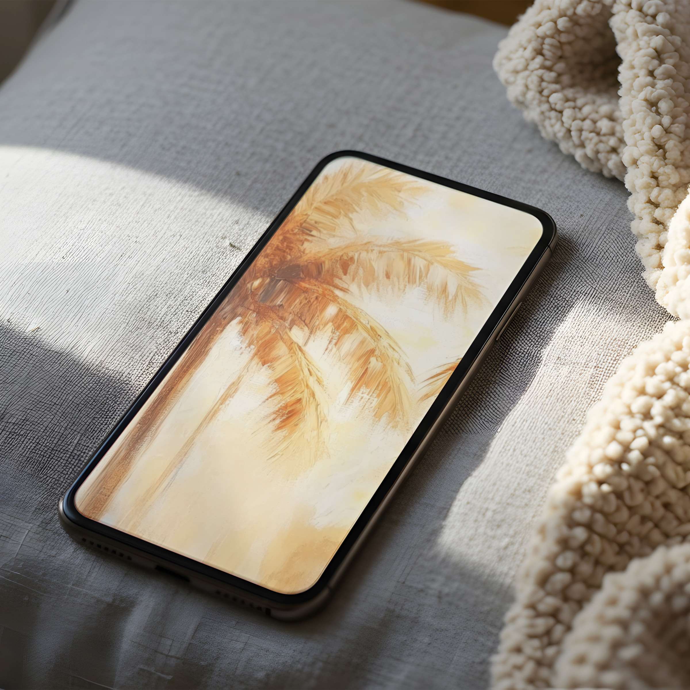 Warm-toned palm tree phone wallpaper on a cozy bed setting offers calm elegance and is perfect for iPhone and android download