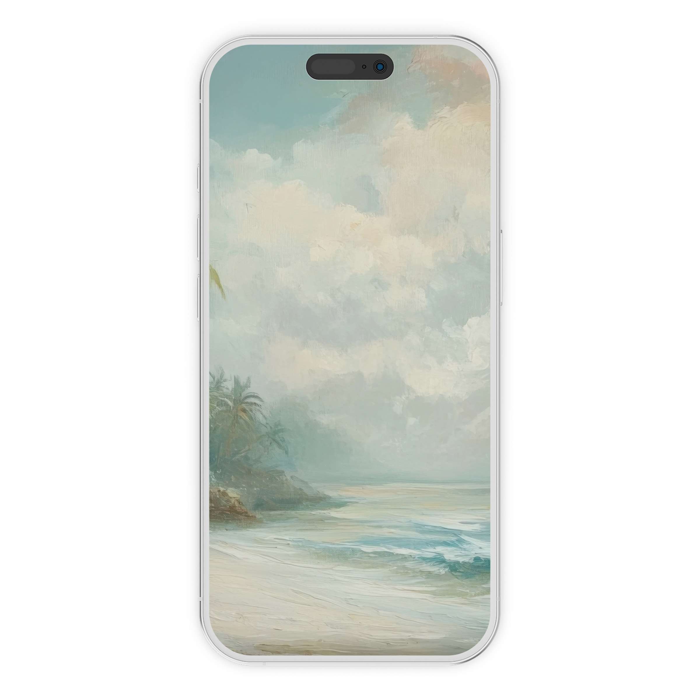Elegant summer iPhone wallpaper with calming pastel beach scene, serene digital download for phone background, perfect for any device