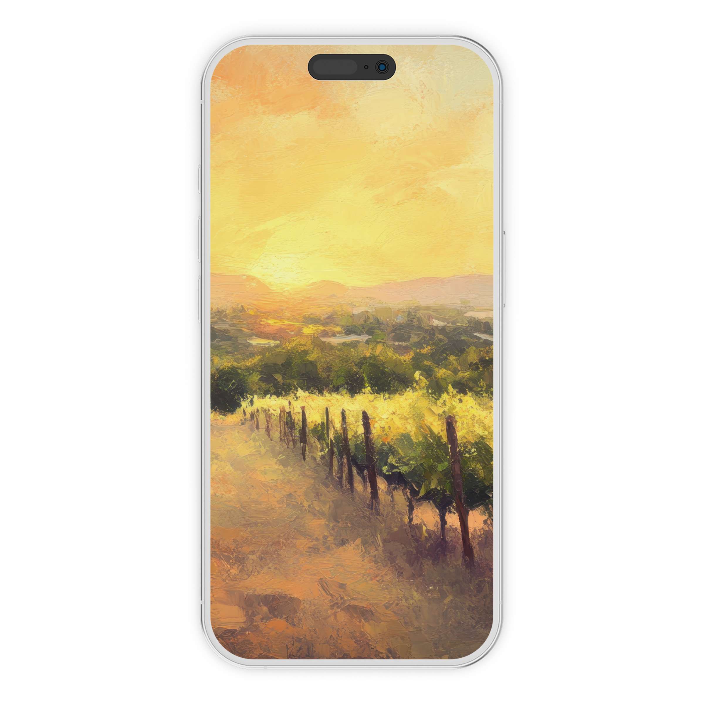 Warm and serene summer iPhone wallpaper with a vineyard sunset background, ideal for digital download on any phone screen