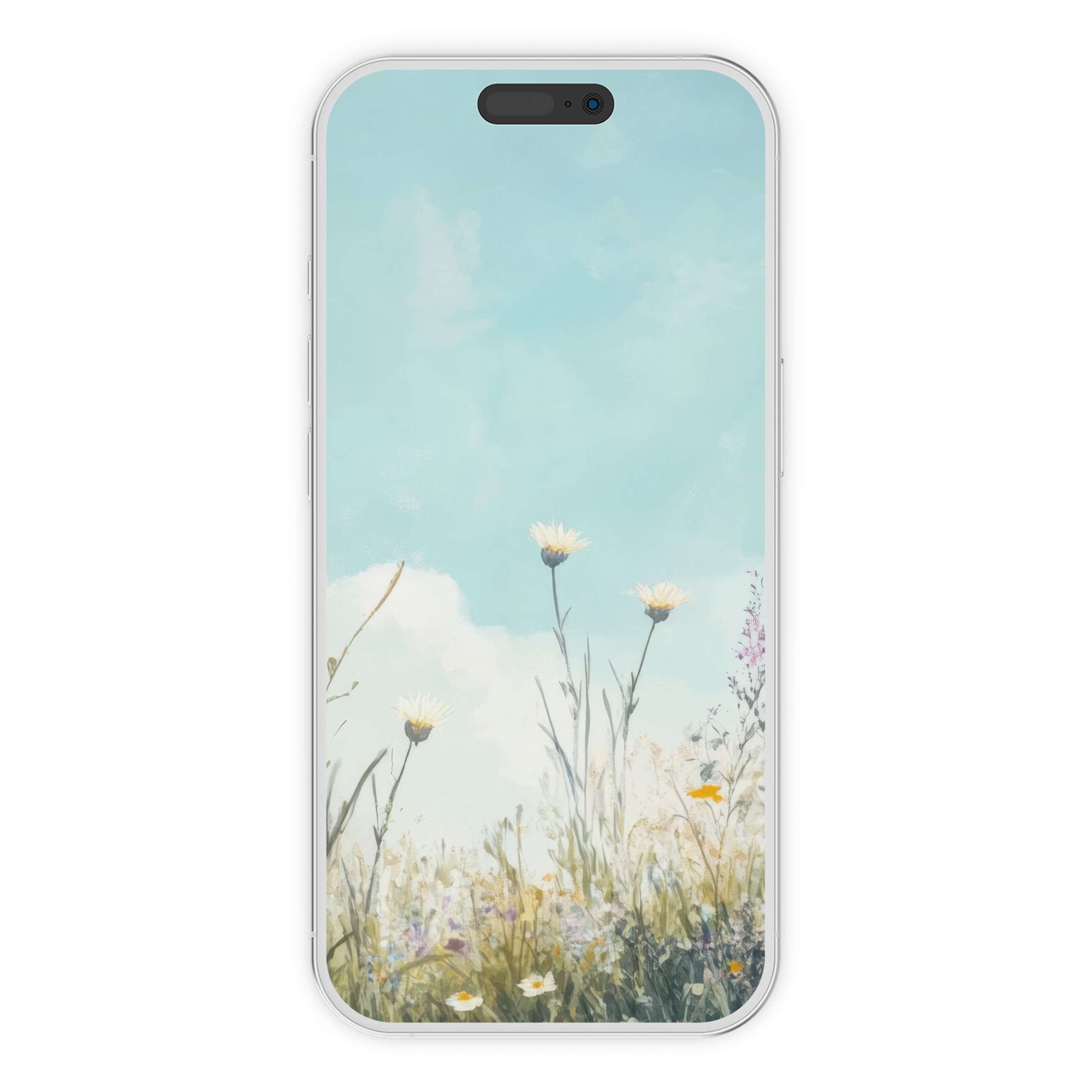 Serene summer iPhone wallpaper featuring wildflowers against a pastel sky perfect phone background for digital download lovers