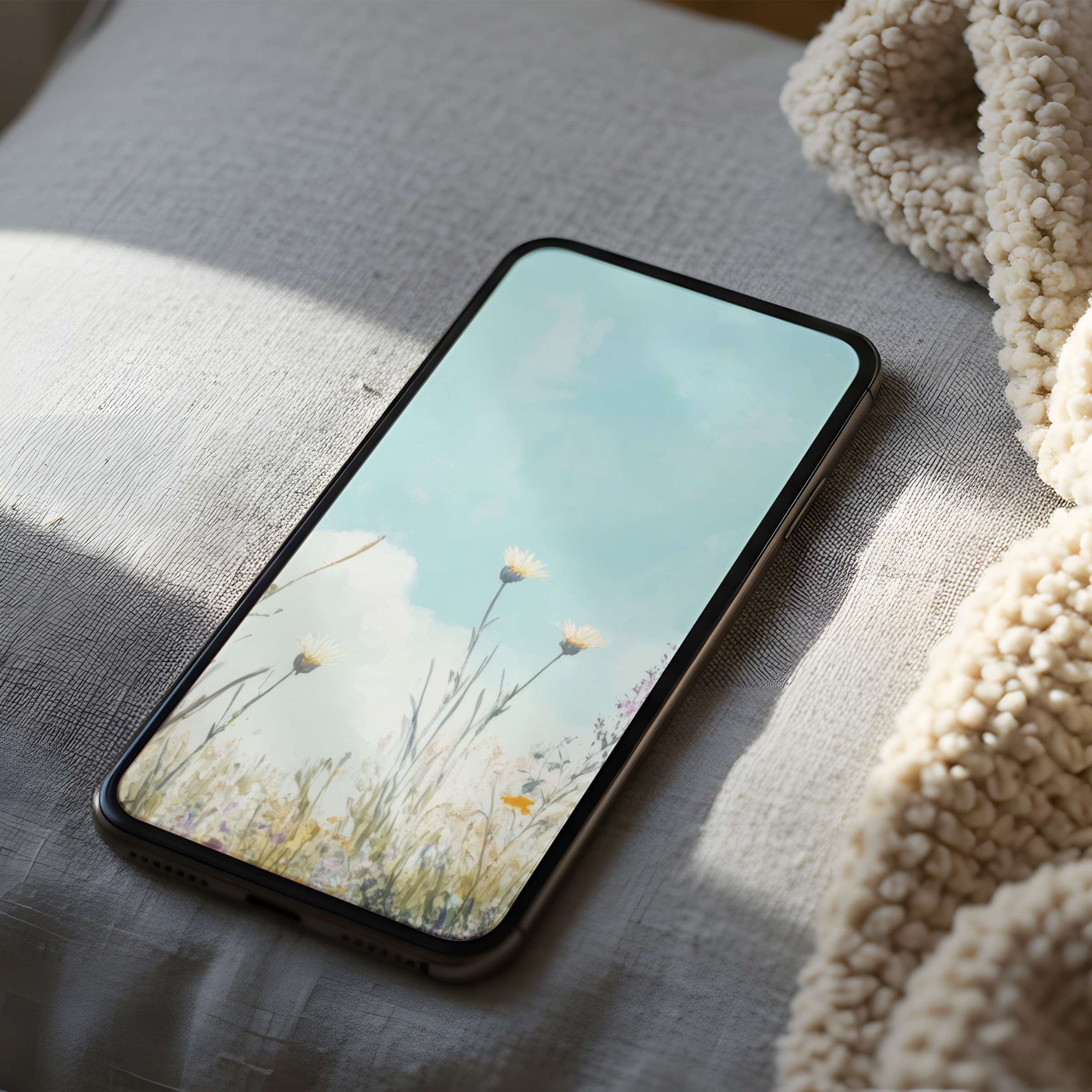 Serene floral phone wallpaper with soft blue skies and wildflowers, perfect for iPhone or Android in high resolution digital download