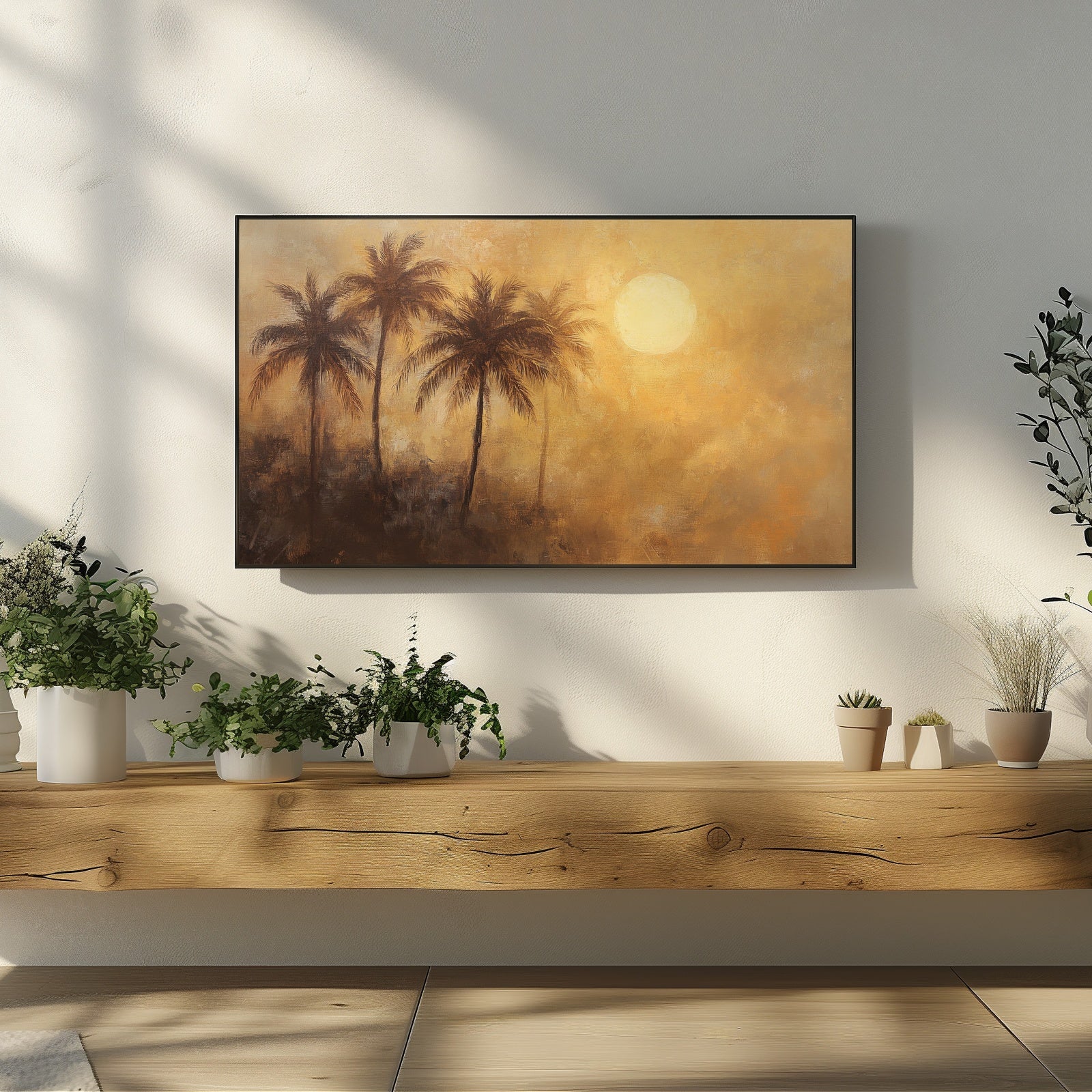 Warm sunset palm tree landscape painted in soft golden tones, displayed as Summer Frame TV art