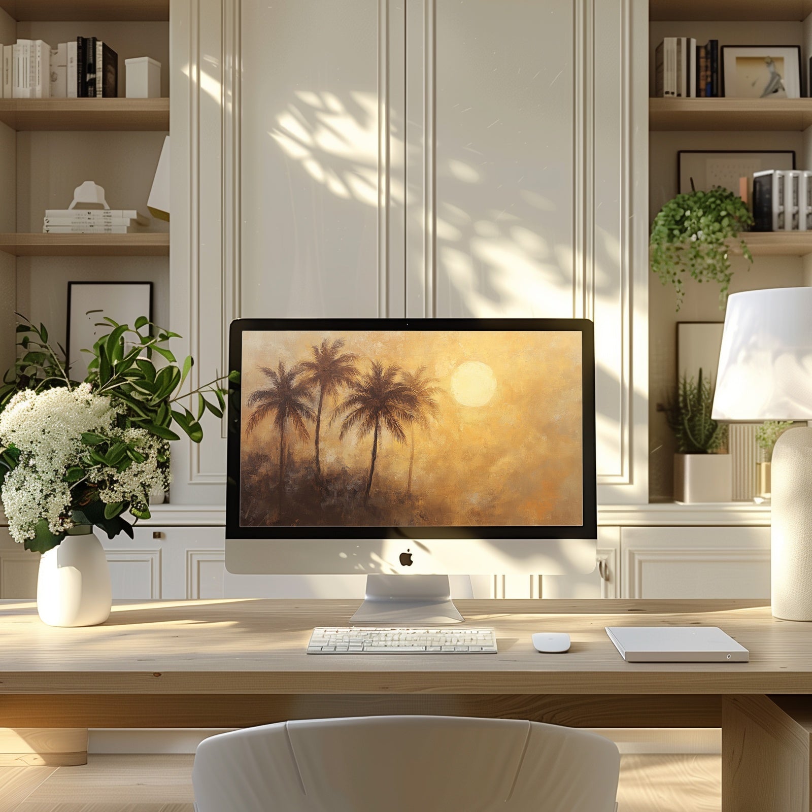 Calming summer desktop wallpaper featuring soft painted palm trees and warm golden sunlight, aesthetic nature background for mindful workspaces