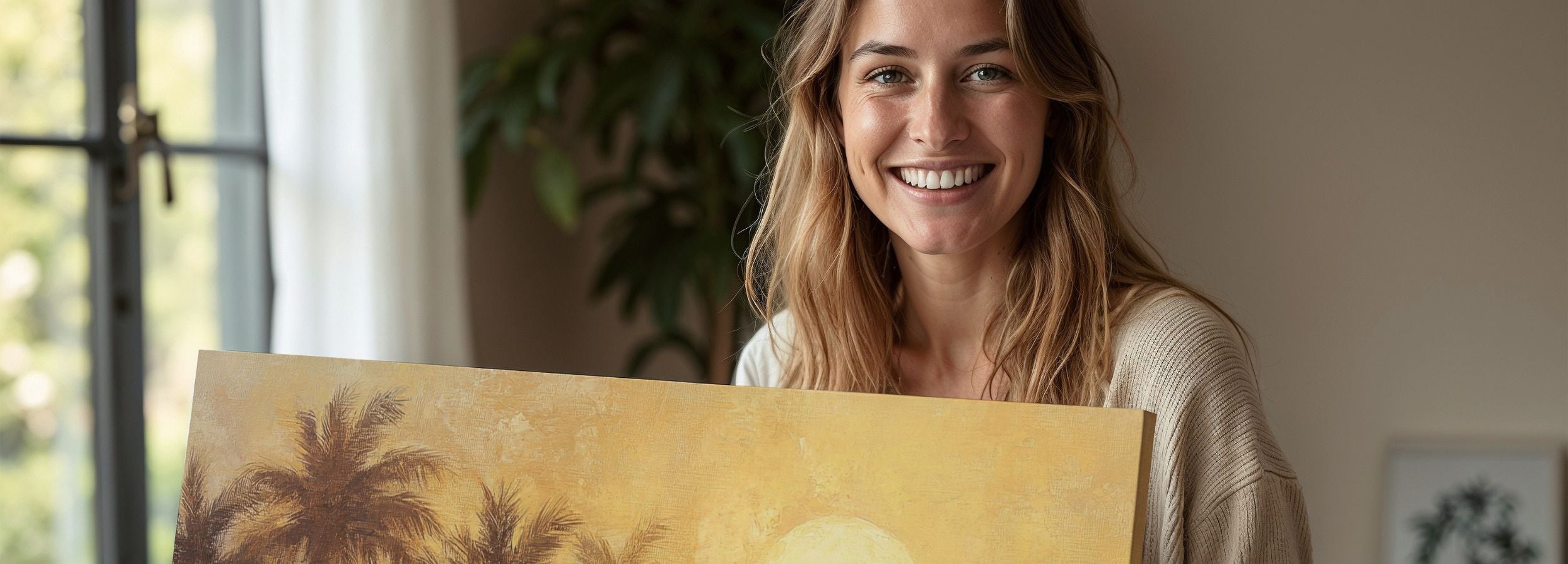 Warm summer printable wall art featuring palm trees and a glowing sun, held by a smiling woman in a cozy living room - soft, serene, and perfect for calming home decor