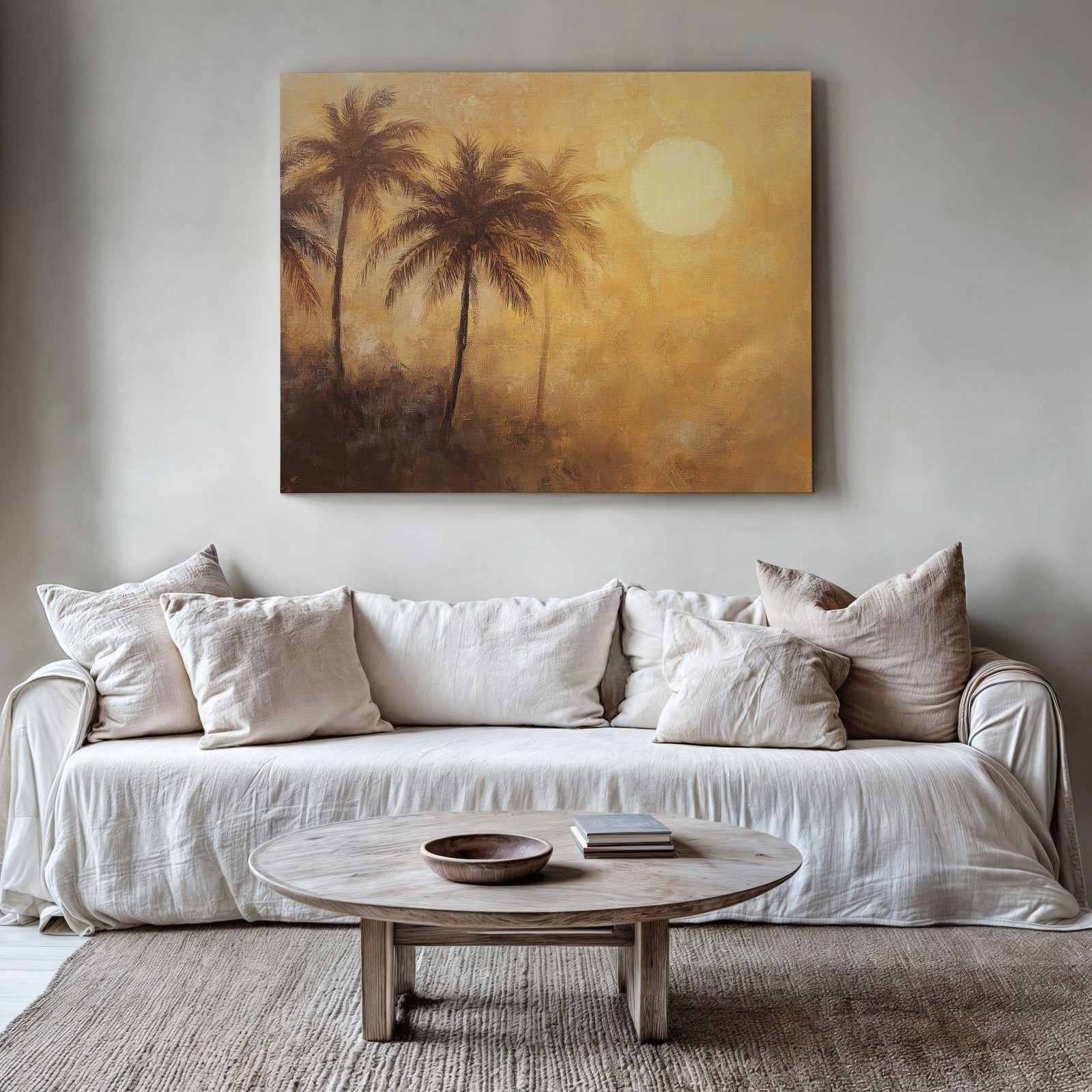 Warm summer digital art print depicting palm trees under a golden sunset, displayed above a beige linen sofa in a cozy, minimalist living room with natural tones and soft textures