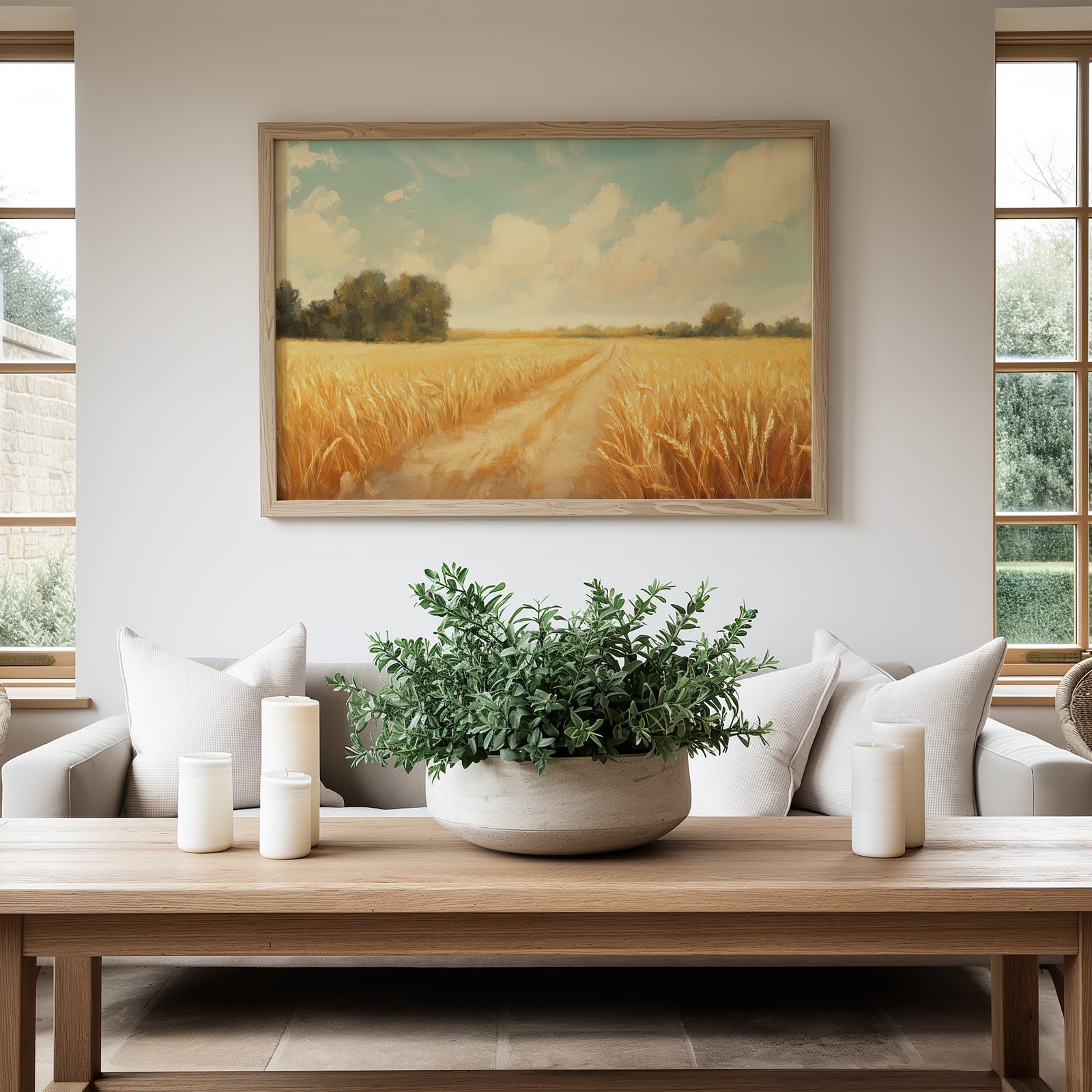 Warm summer landscape printable wall art featuring a golden wheat field under a soft blue sky, styled in a cozy modern living room. Nature-inspired digital artwork that adds warmth and serenity to your home decor