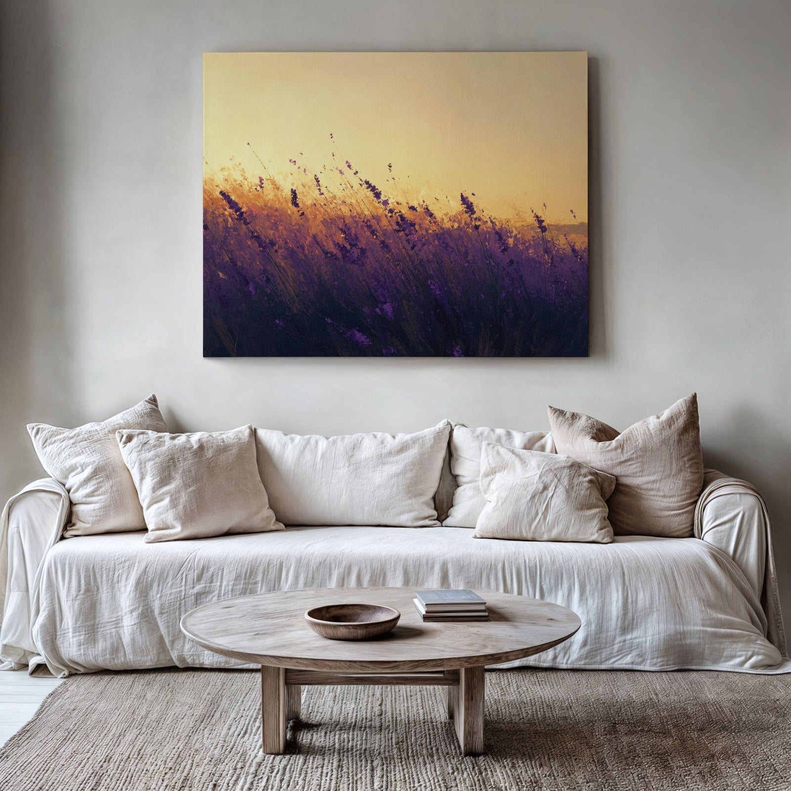 Sunlit lavender field printable wall art in warm golden tones, perfect for creating a calm and uplifting summer atmosphere in modern home decor