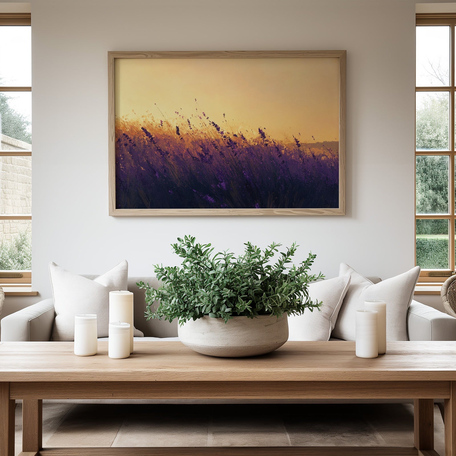 Summer downloadable art print depicting a vibrant lavender field at sunset, with warm golden light blending into deep purple tones, displayed in a modern living room with neutral decor and natural wooden accentsSummer downloadable art print depicting a vibrant lavender field at sunset, with warm golden light blending into deep purple tones, displayed in a modern living room with neutral decor and natural wooden accentsSummer downloadable art print depicting a vibrant lavender field at sunset, with warm gold