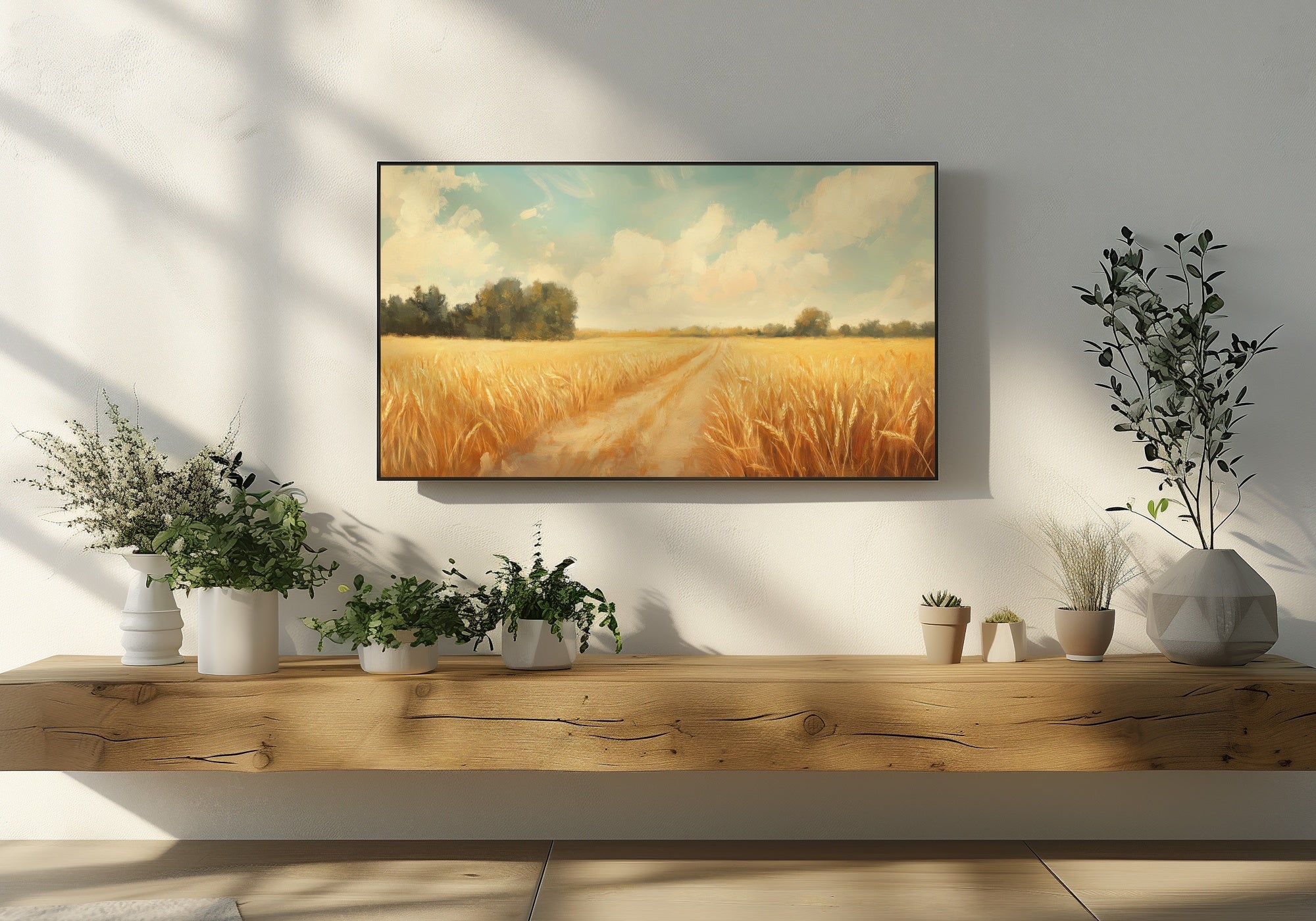 Summer Frame TV Art featuring a golden wheat field under a soft blue sky with fluffy clouds - a serene digital artwork for Samsung Frame TV that brings the warmth and tranquility of the summer countryside into your home