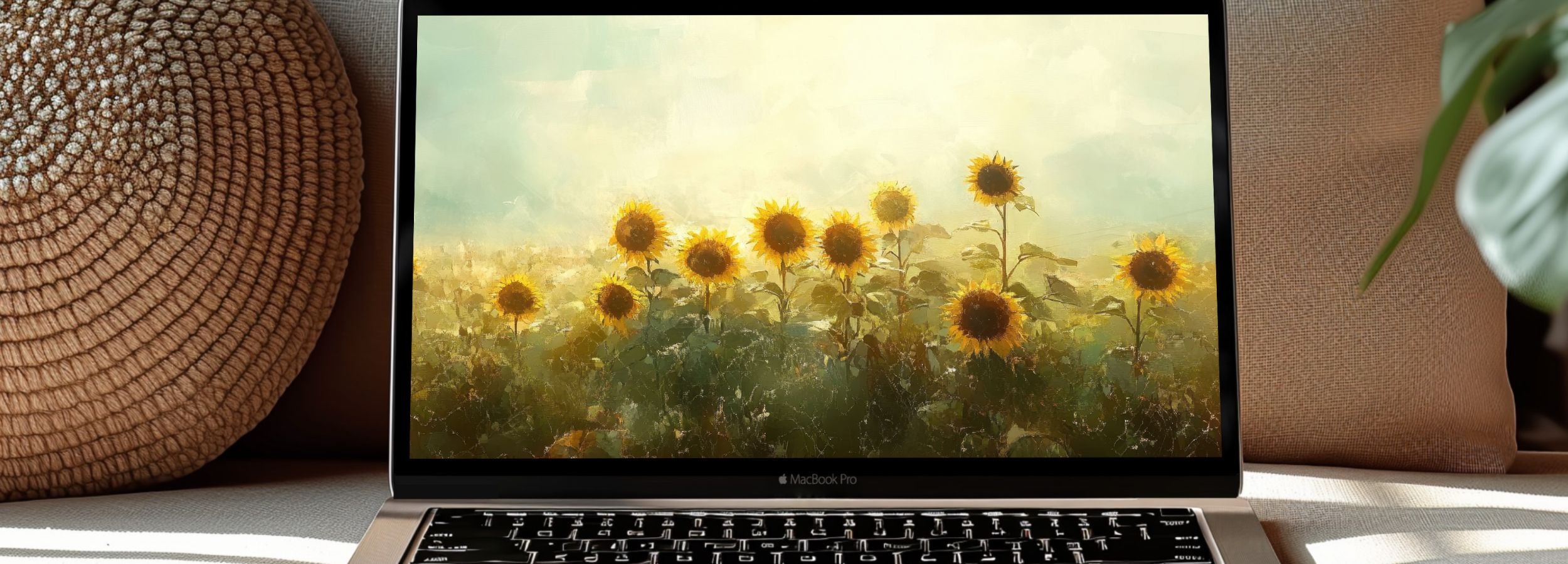Calming summer sunflower desktop wallpaper with soft painterly brush textures in warm yellow tones, digital download aesthetic background for laptops and workspace decor