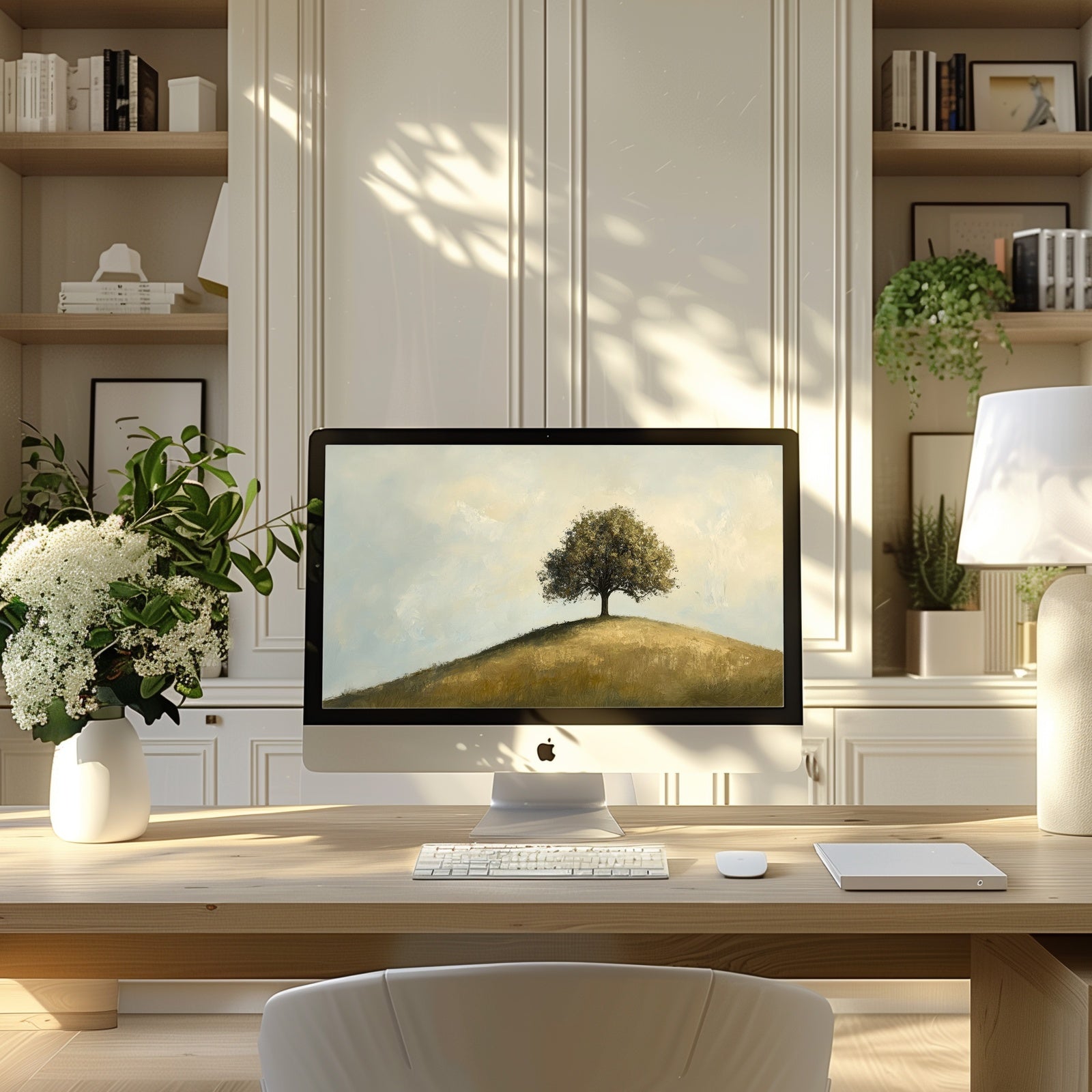 Calming tree landscape desktop wallpaper on an iMac inside a cozy neutral home office with natural decor and soft sunlight
