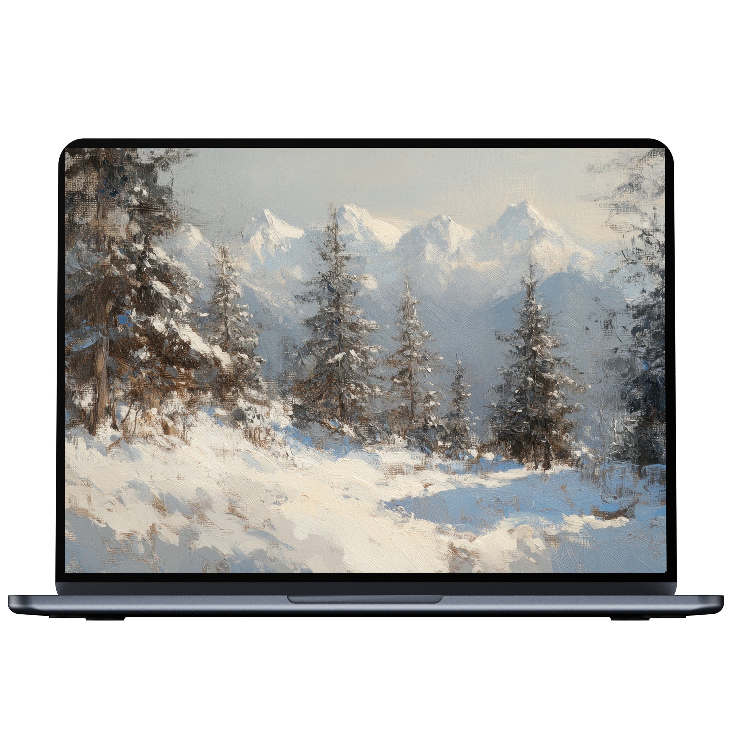 Snowy mountain scene digital download for a tree desktop wallpaper brings calm inspiration to your PC and laptop with elegance