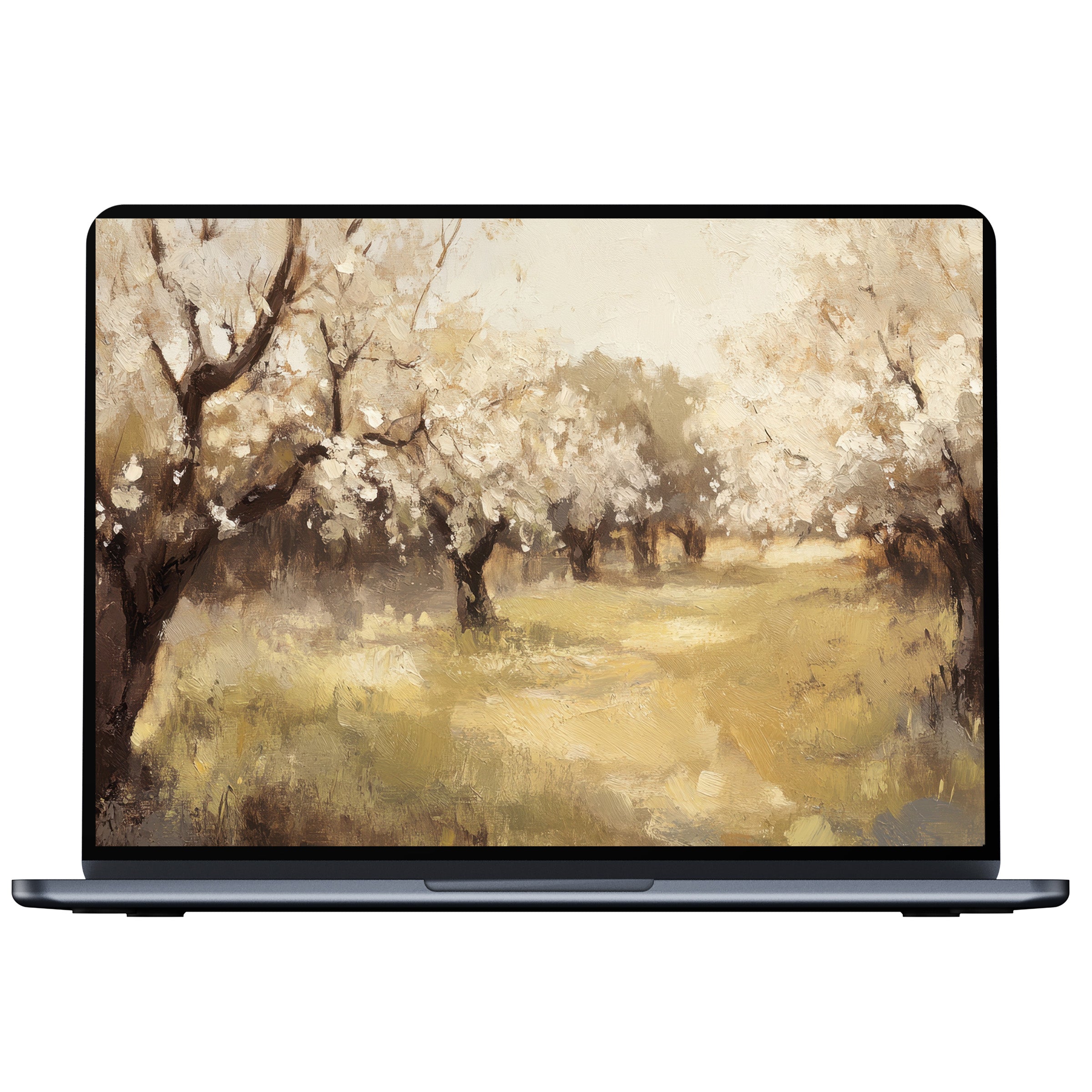 Blossoming trees in a serene landscape create an inspiring tree desktop wallpaper digital download for PC and laptop elegance