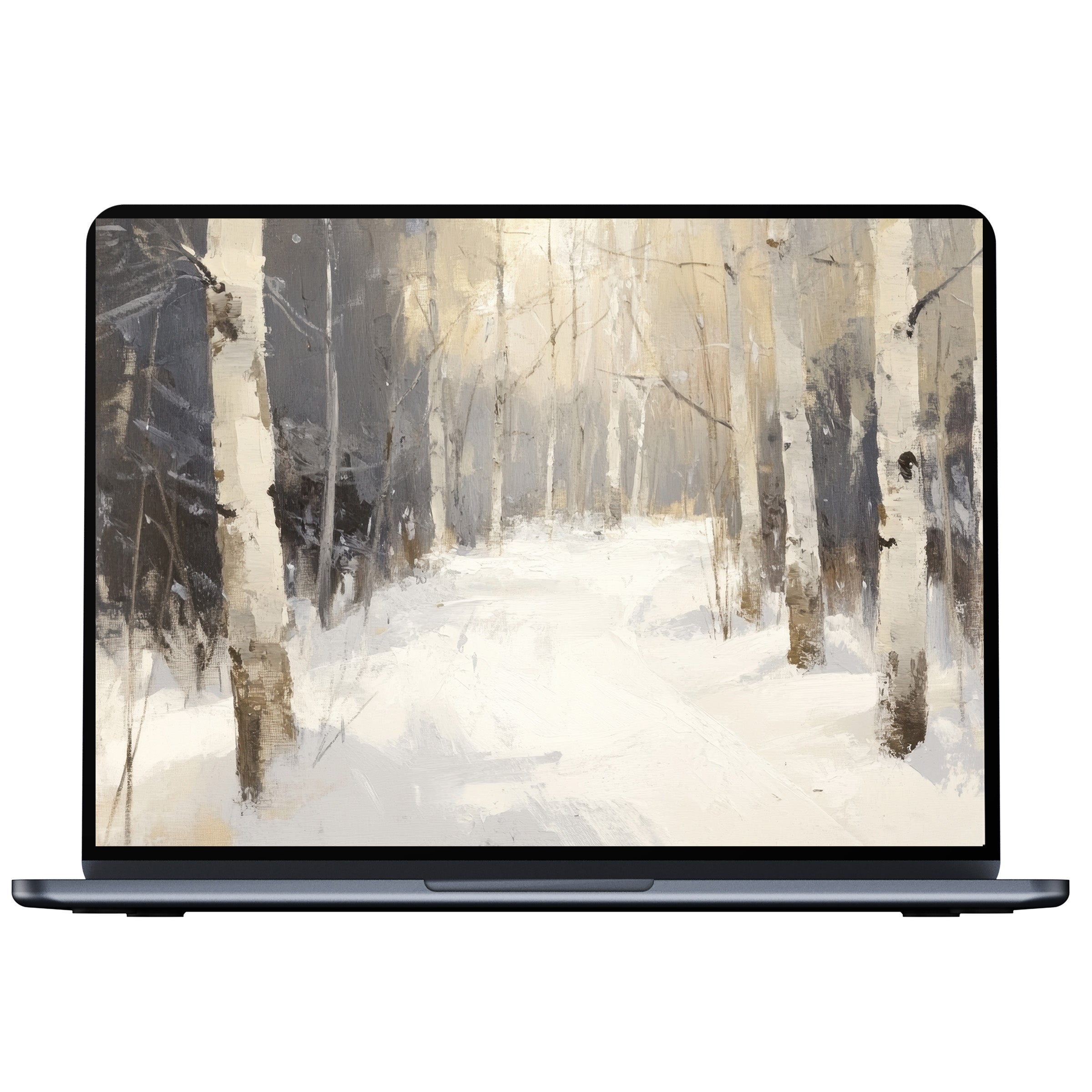 Serene winter path tree desktop wallpaper for PC and laptop offers a calming digital download in soft, muted hues of snowy woods