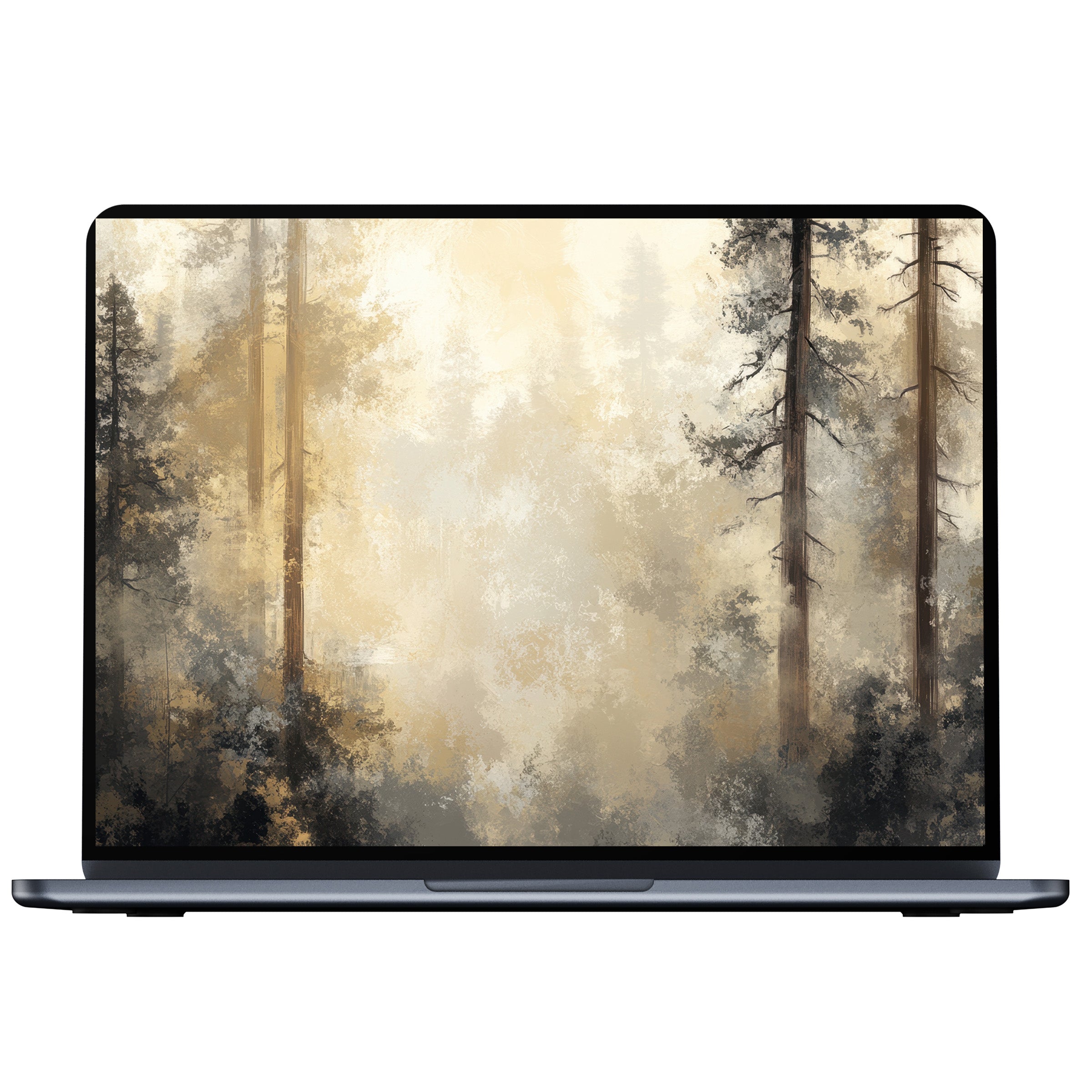 Elegant tree desktop wallpaper with misty forest in soft beige hues for calming inspiration digital download for PC and laptop use