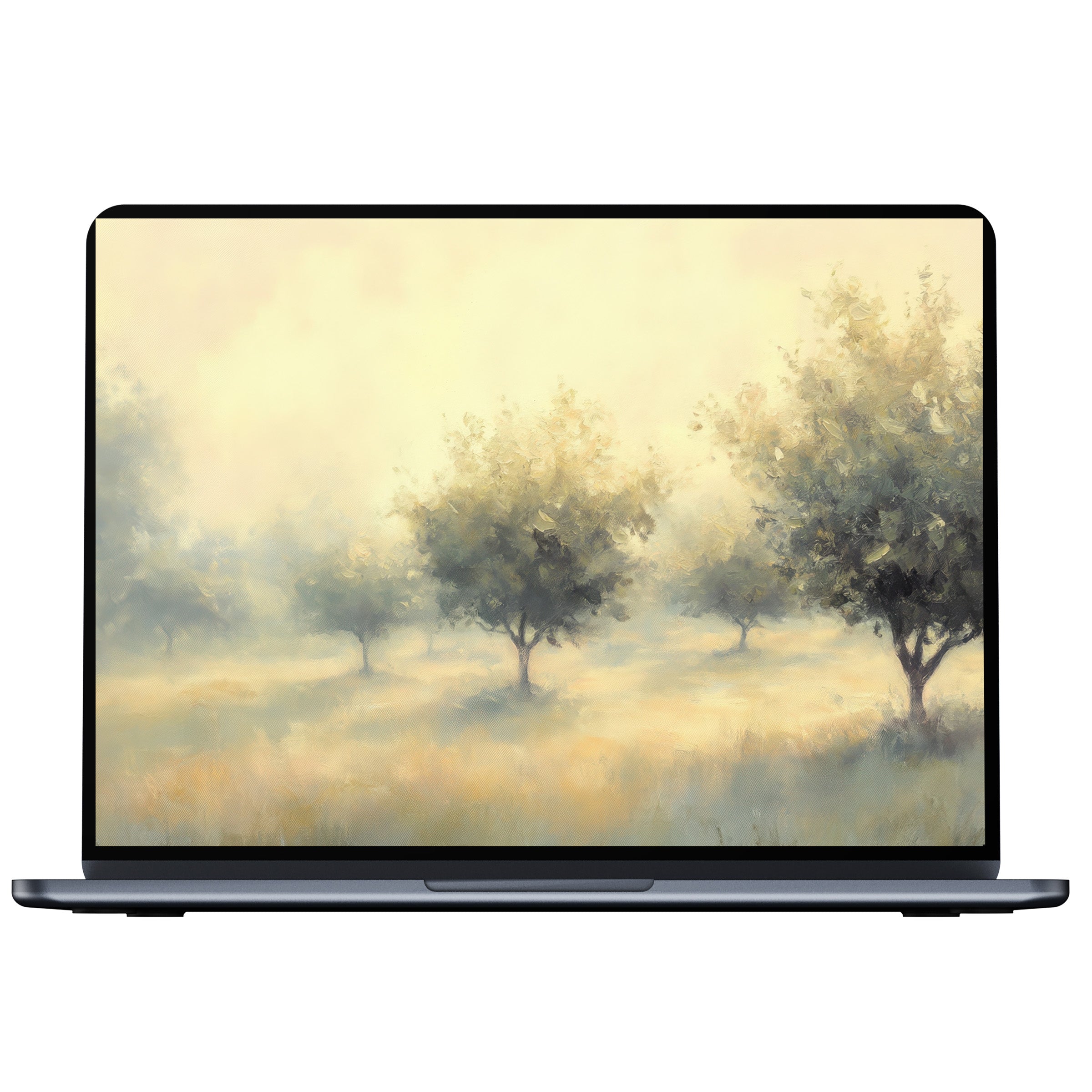 Elegant tree desktop wallpaper digital download for PC and laptop features serene misty morning foliage inspiring calm and mindfulness