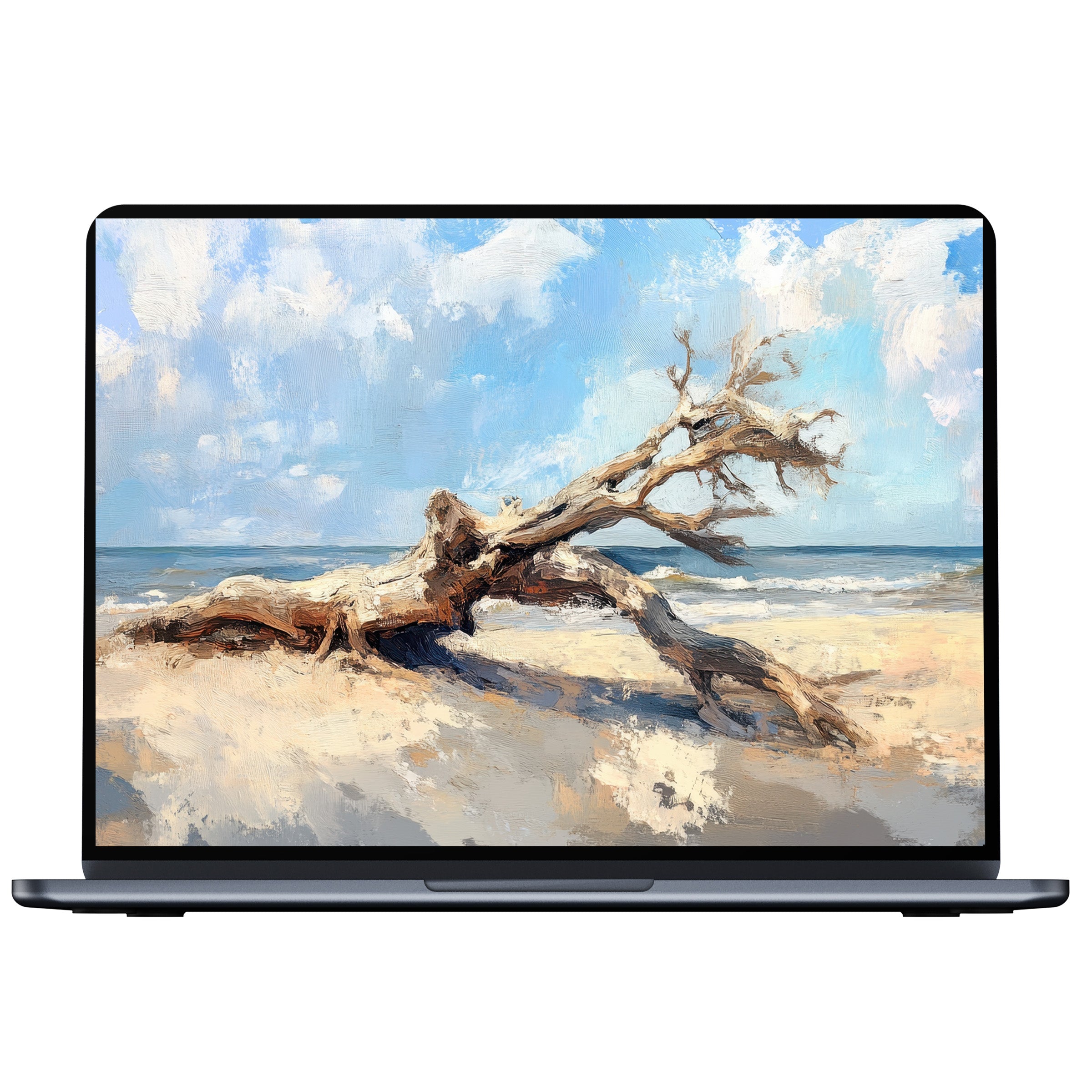 Serene tree desktop wallpaper digital download featuring a driftwood scene with calming beach colors perfect for PC or laptop screens