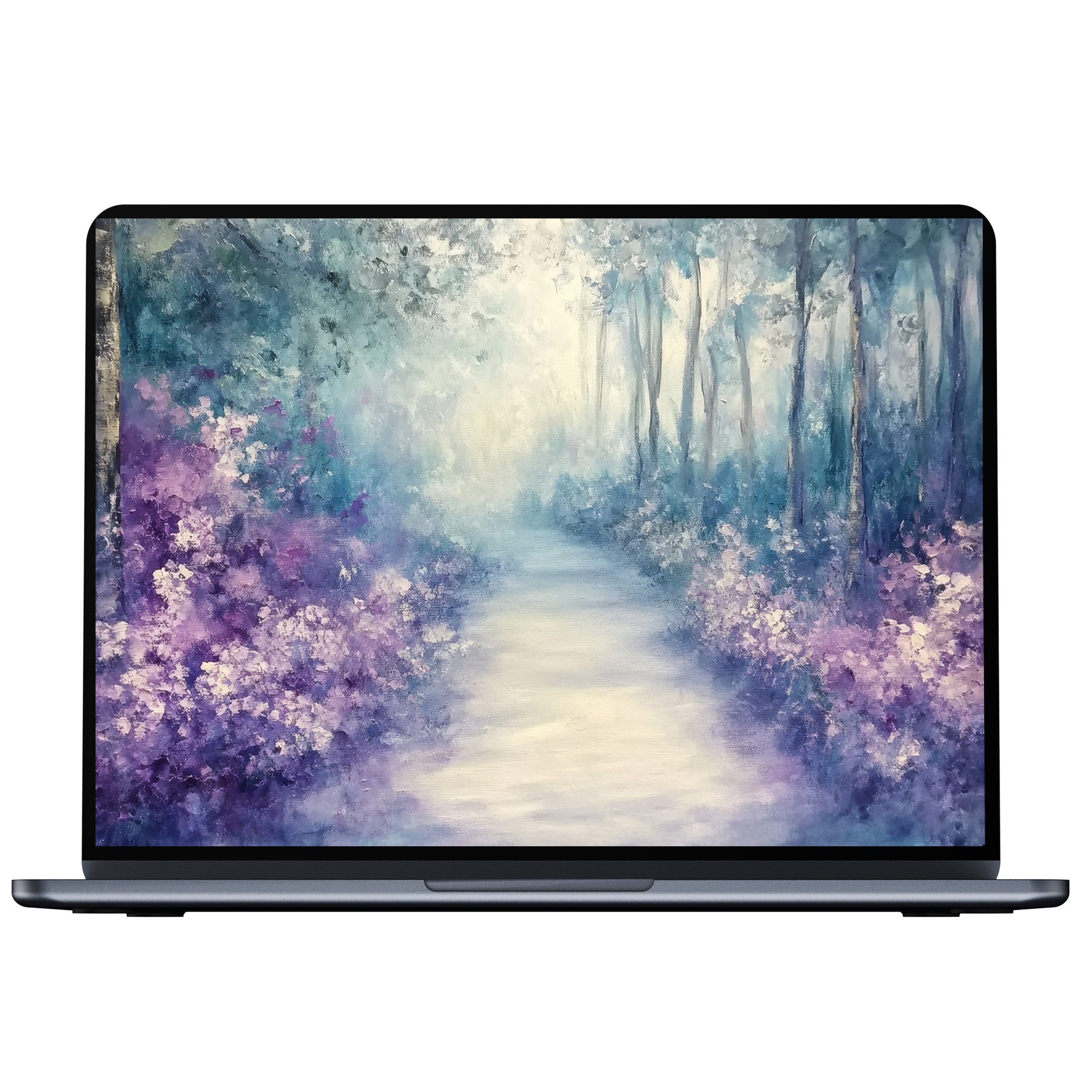 Misty tree desktop wallpaper with serene purple and blue hues for digital download ideal for PC and laptop creating tranquility