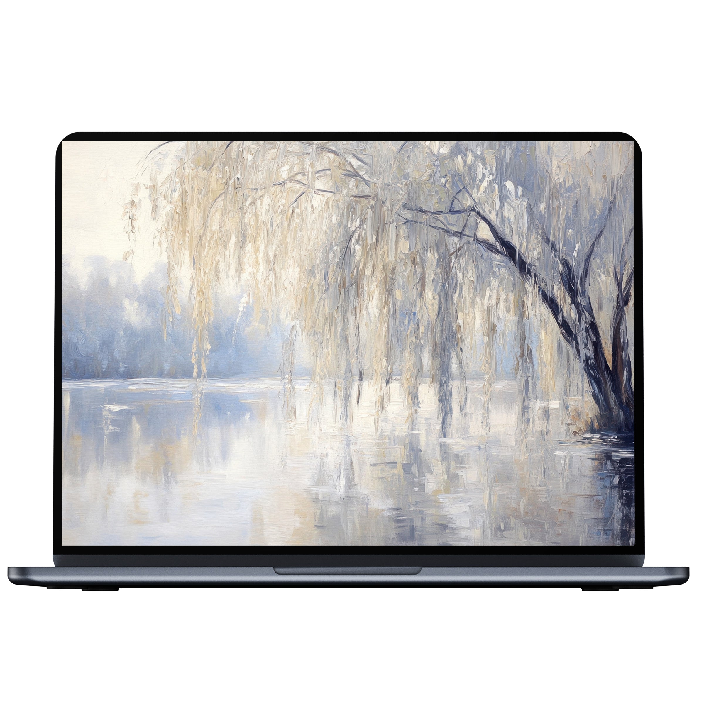 Elegant tree desktop wallpaper digital download in calming hues of grey and blue for PC and laptop creating mindful inspiration