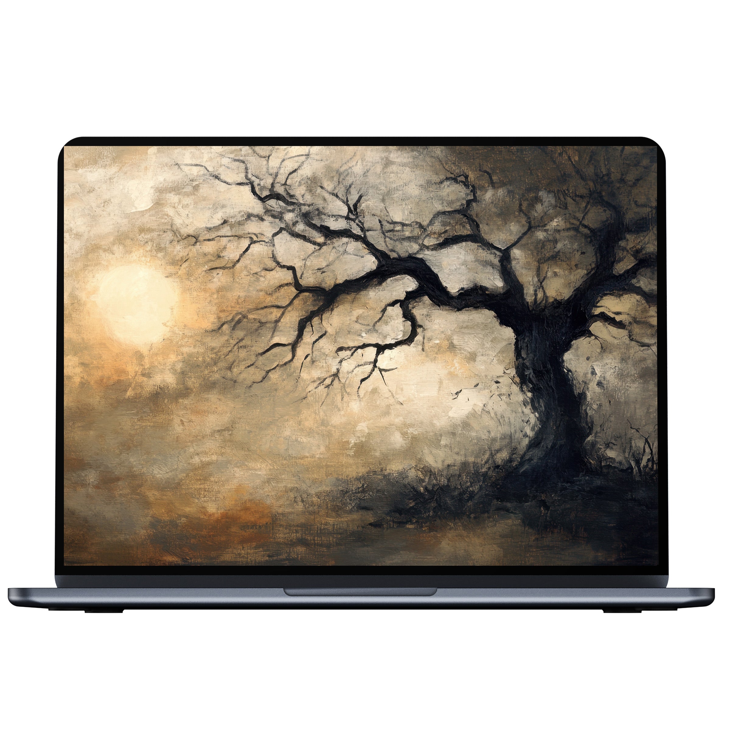 Elegant digital download: a serene tree desktop wallpaper in soft earth tones, perfect for enhancing calm on PC or laptop screens
