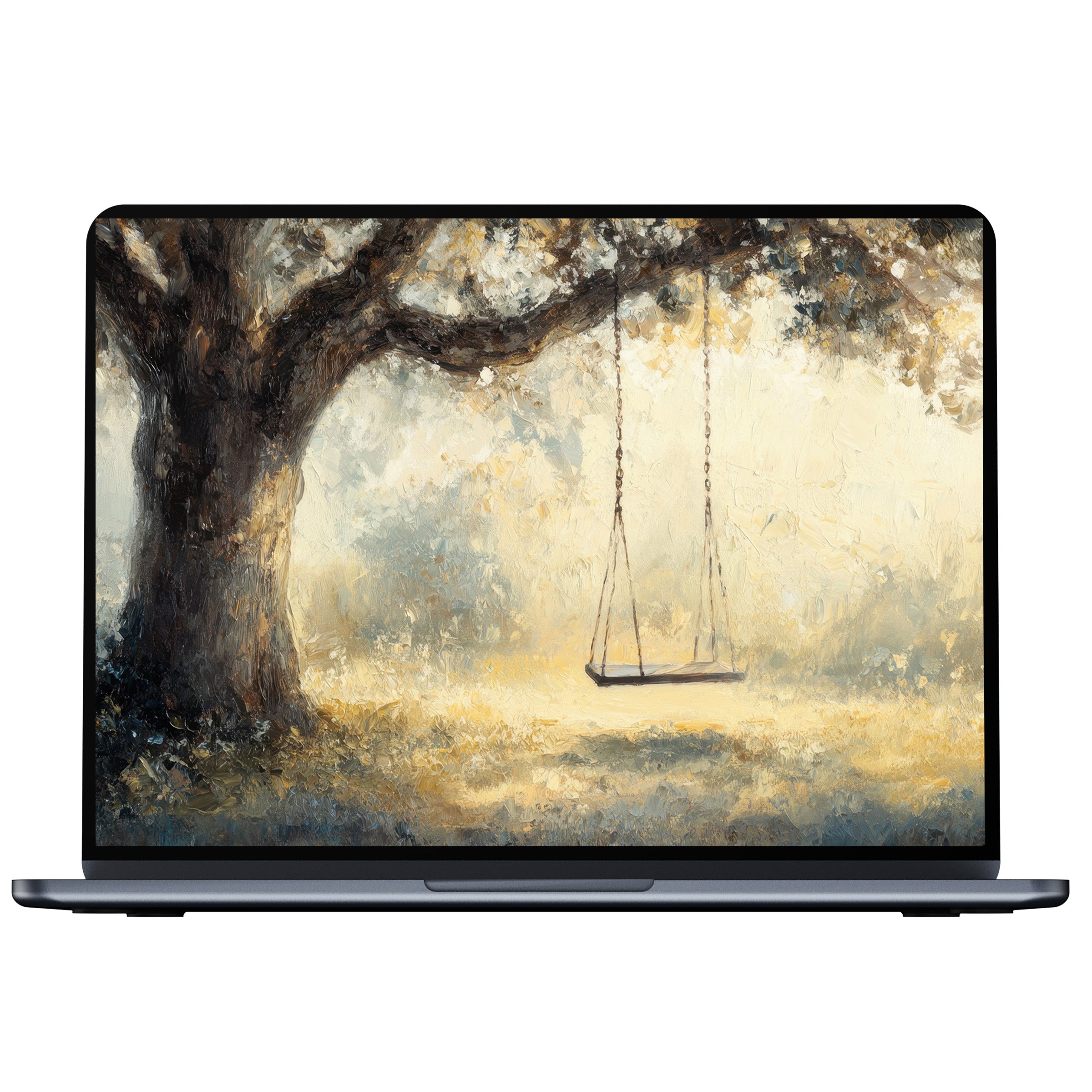 Elegant tree desktop wallpaper digital download with calming swing under a majestic tree ideal for PC and laptop screens