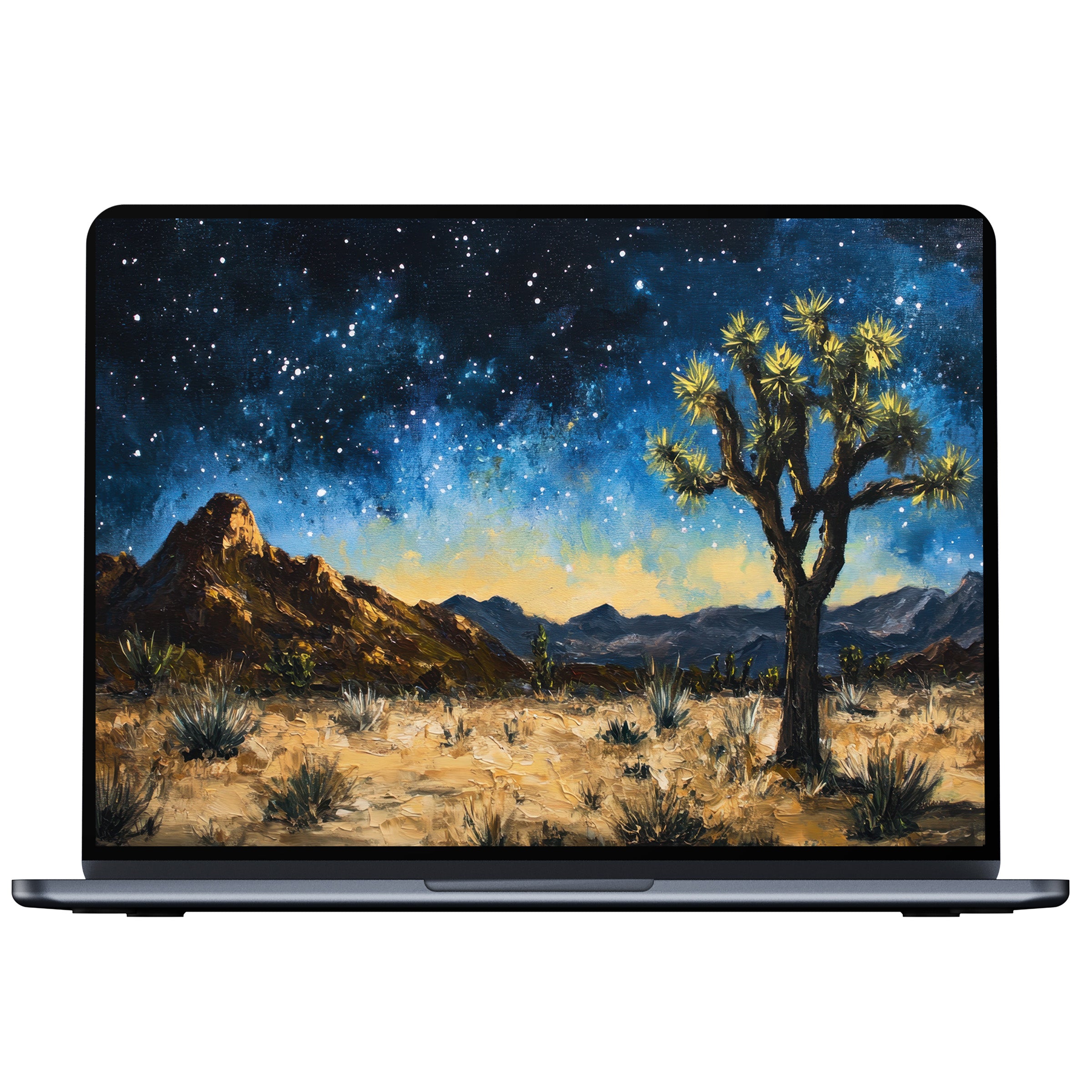 Starry night desert landscape with a tree desktop wallpaper as a digital download for PC, laptop, or Mac, inspiring tranquility