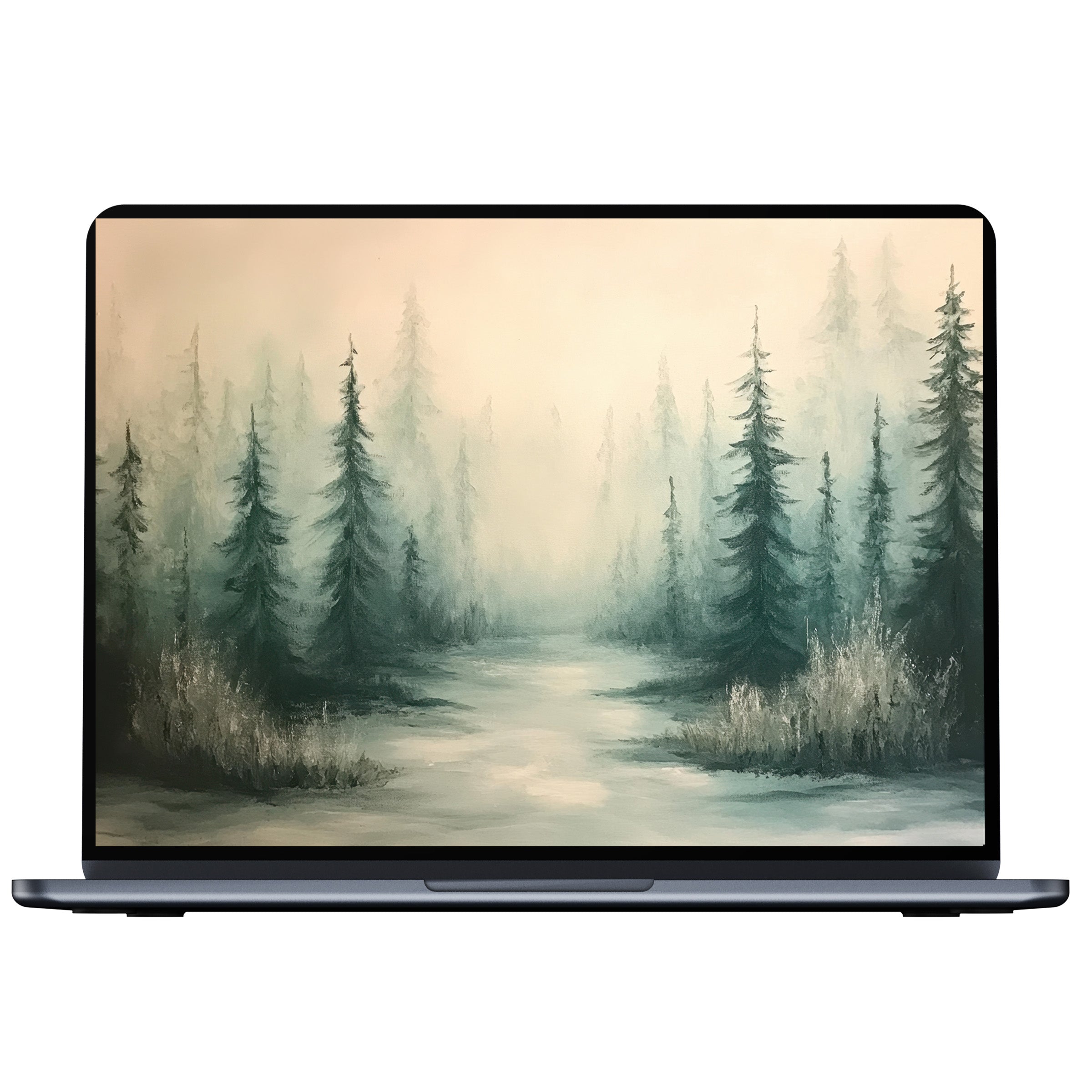 Serene misty forest tree desktop wallpaper digital download enhances calm, elegance, mindfulness on PC, laptop, Mac screens