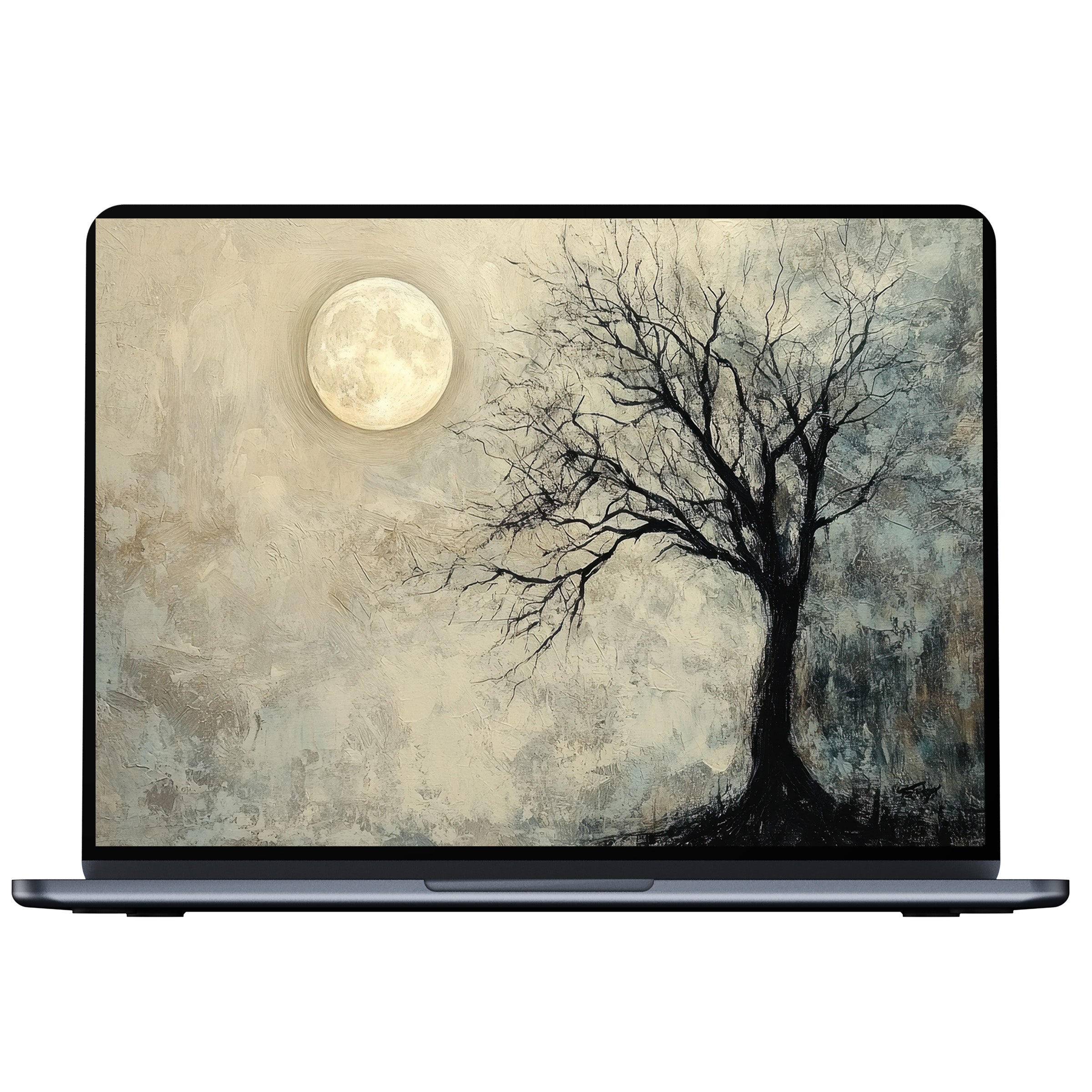 Elegant tree desktop wallpaper features a moonlit silhouette against a textured sky, perfect digital download for PC and Laptop use