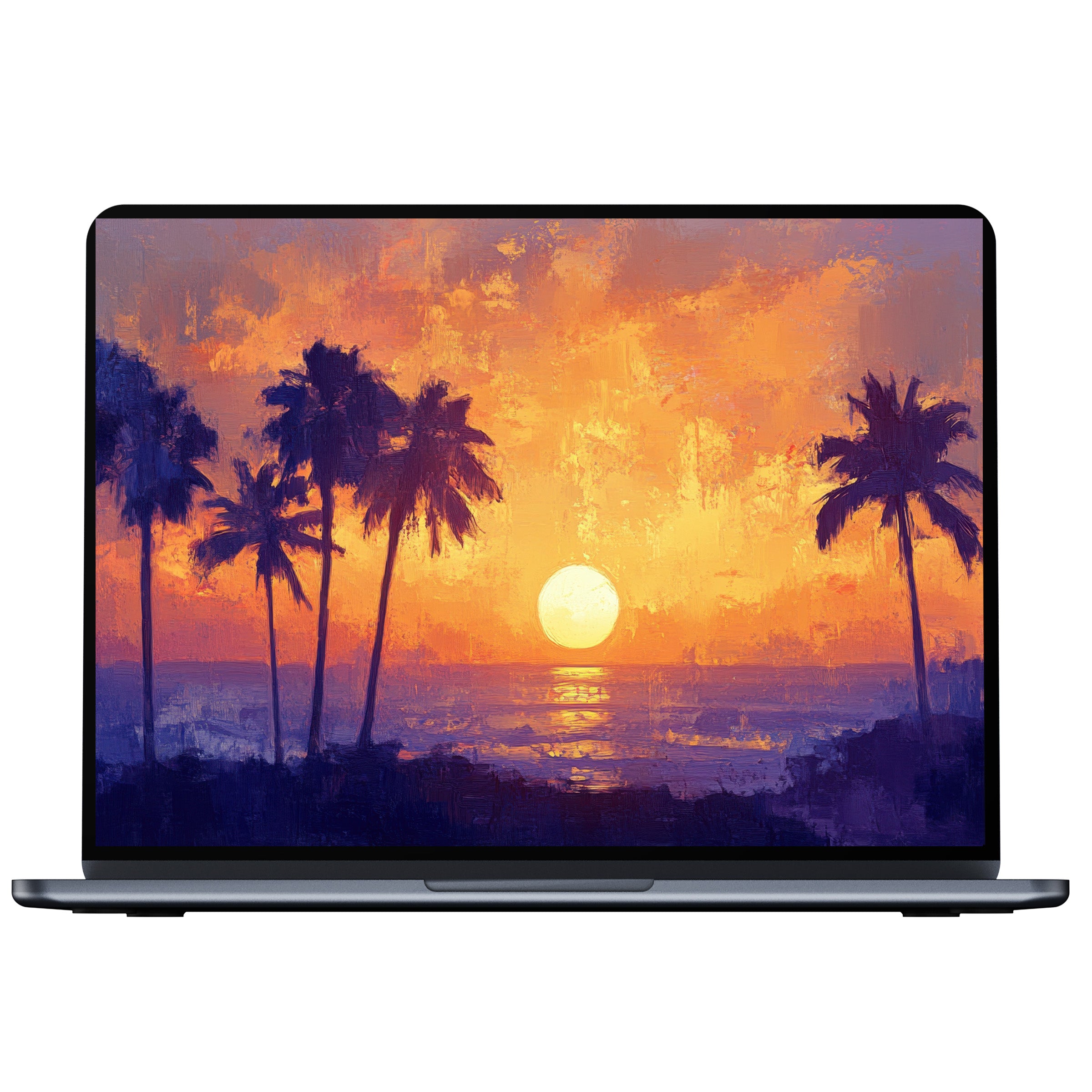 Vibrant sunset tree desktop wallpaper digital download, capturing serene palm silhouettes and a calming ocean glow for PC or laptop screens