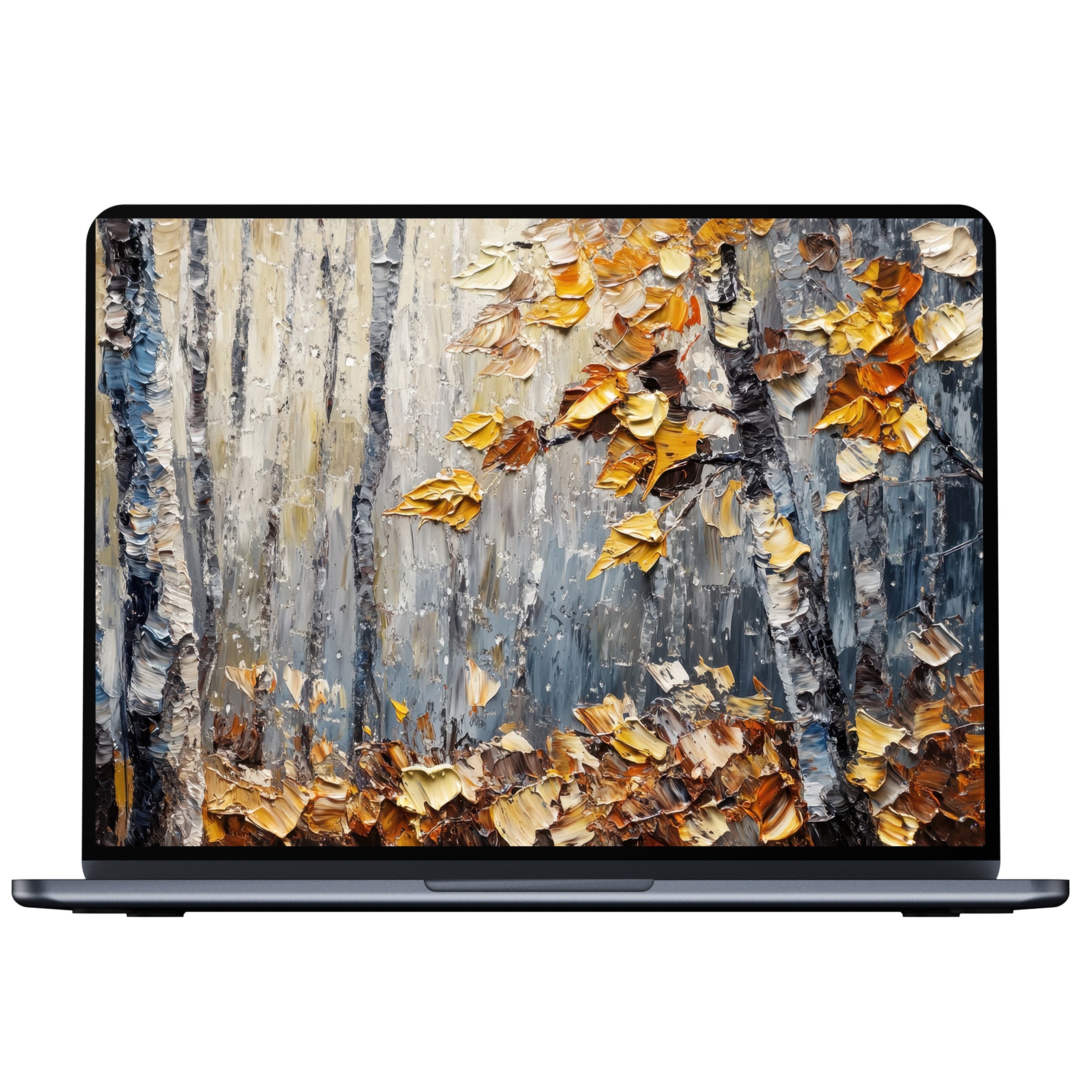 Elegant tree desktop wallpaper digital download featuring textured autumn birch trees with golden leaves for PC, laptop, or Mac