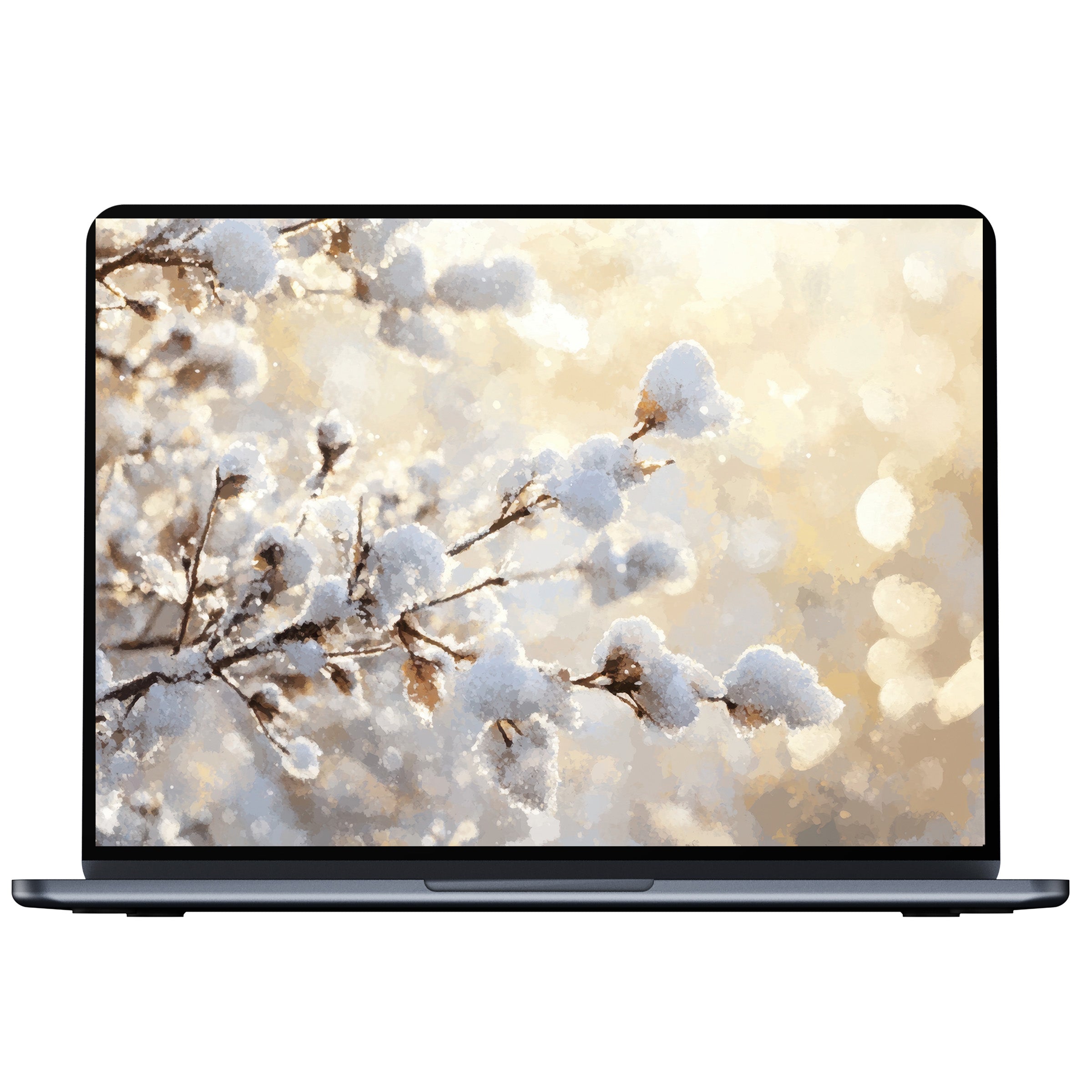 Elegant winter tree desktop wallpaper digital download for PC or laptop offers calm inspiration with snowy branches and soft light