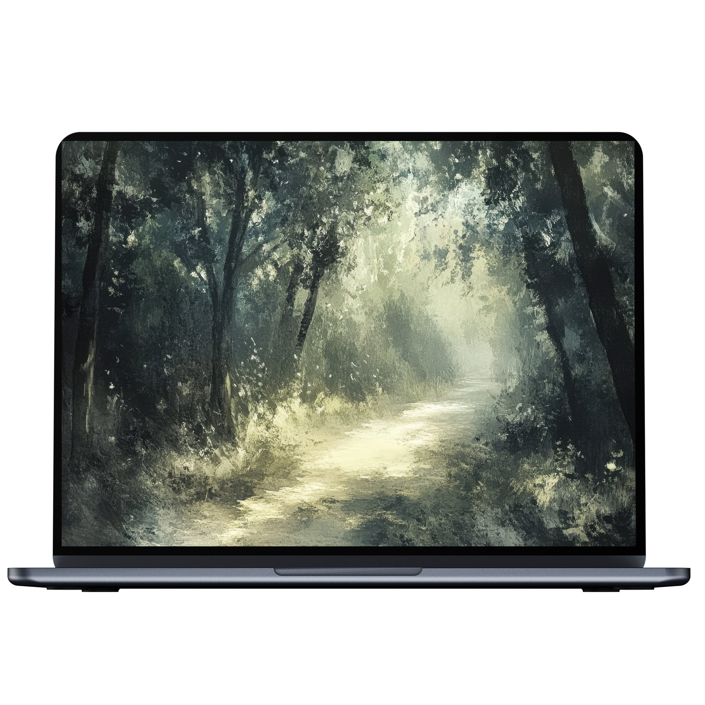 Tree desktop wallpaper on digital download showcases tranquil forest path in soft, natural hues perfect for PC or laptop screens