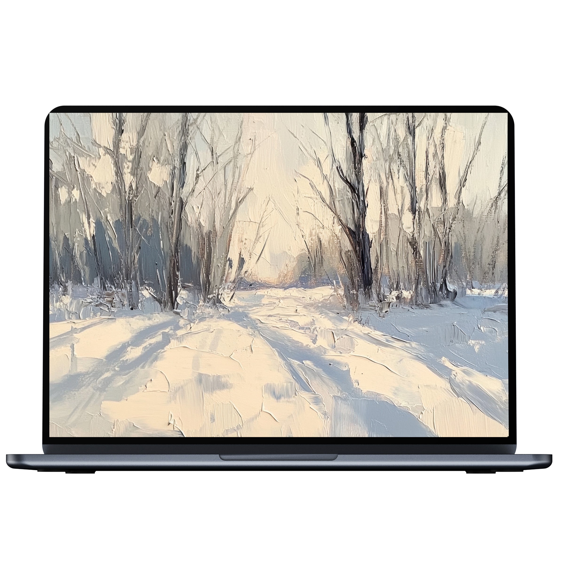 Elegant tree desktop wallpaper digital download features calming snow-laden landscape in soft tones ideal for PC, Laptop, or Mac