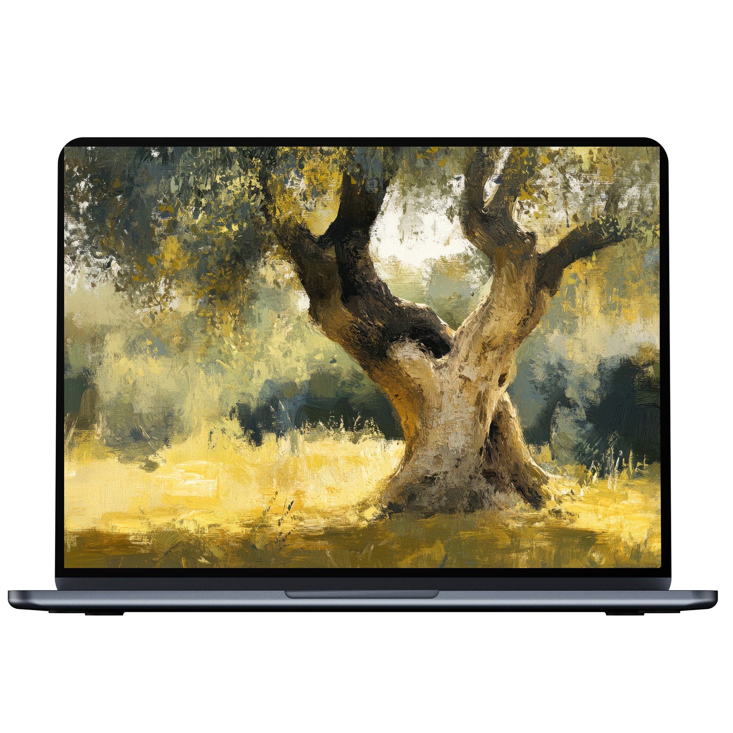 Serene tree desktop wallpaper for PC and laptop digital download evokes calm with its golden hues and textured elegance