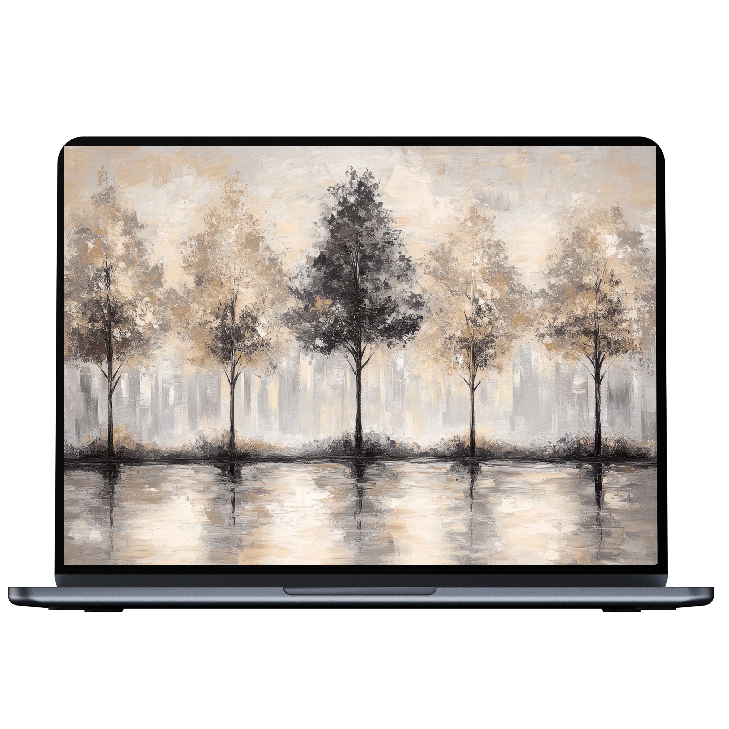 Elegant digital download of a serene tree desktop wallpaper for PC or laptop evokes calm with beige and gray tones reflecting nature