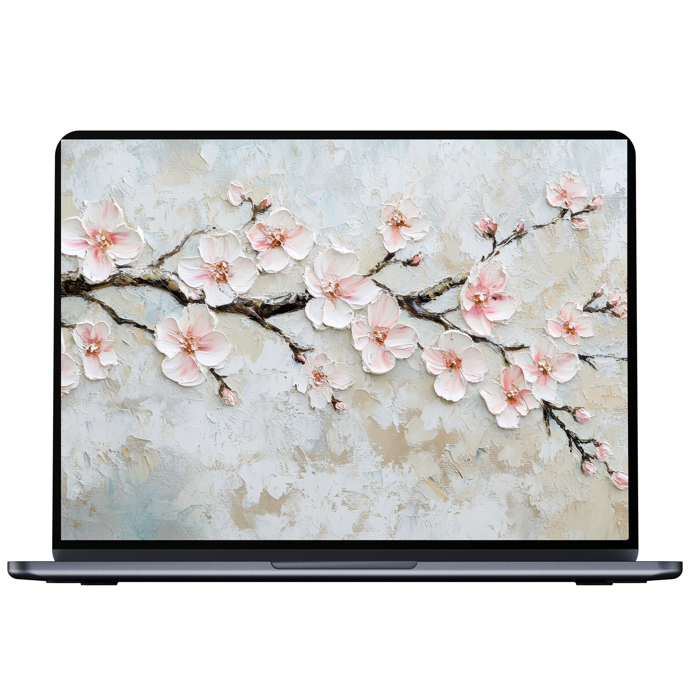 Elegant tree desktop wallpaper featuring pink blossoms on textured canvas offers a serene digital download for PC or laptop users