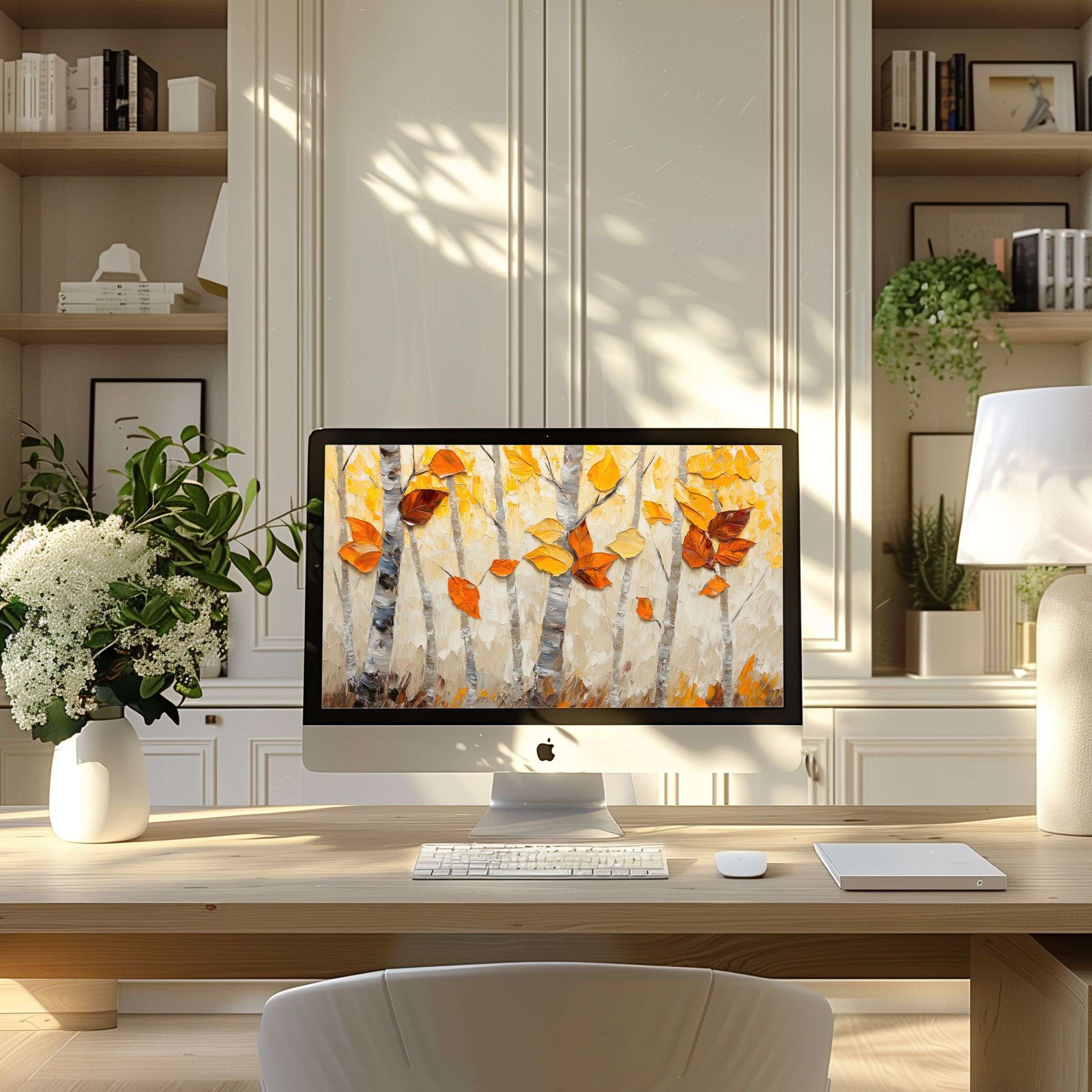 iMac on wooden desk in cozy modern home office displaying a trees wallpaper for Mac with abstract birch trunks and golden autumn leaves, bringing seasonal warmth and nature vibes indoors