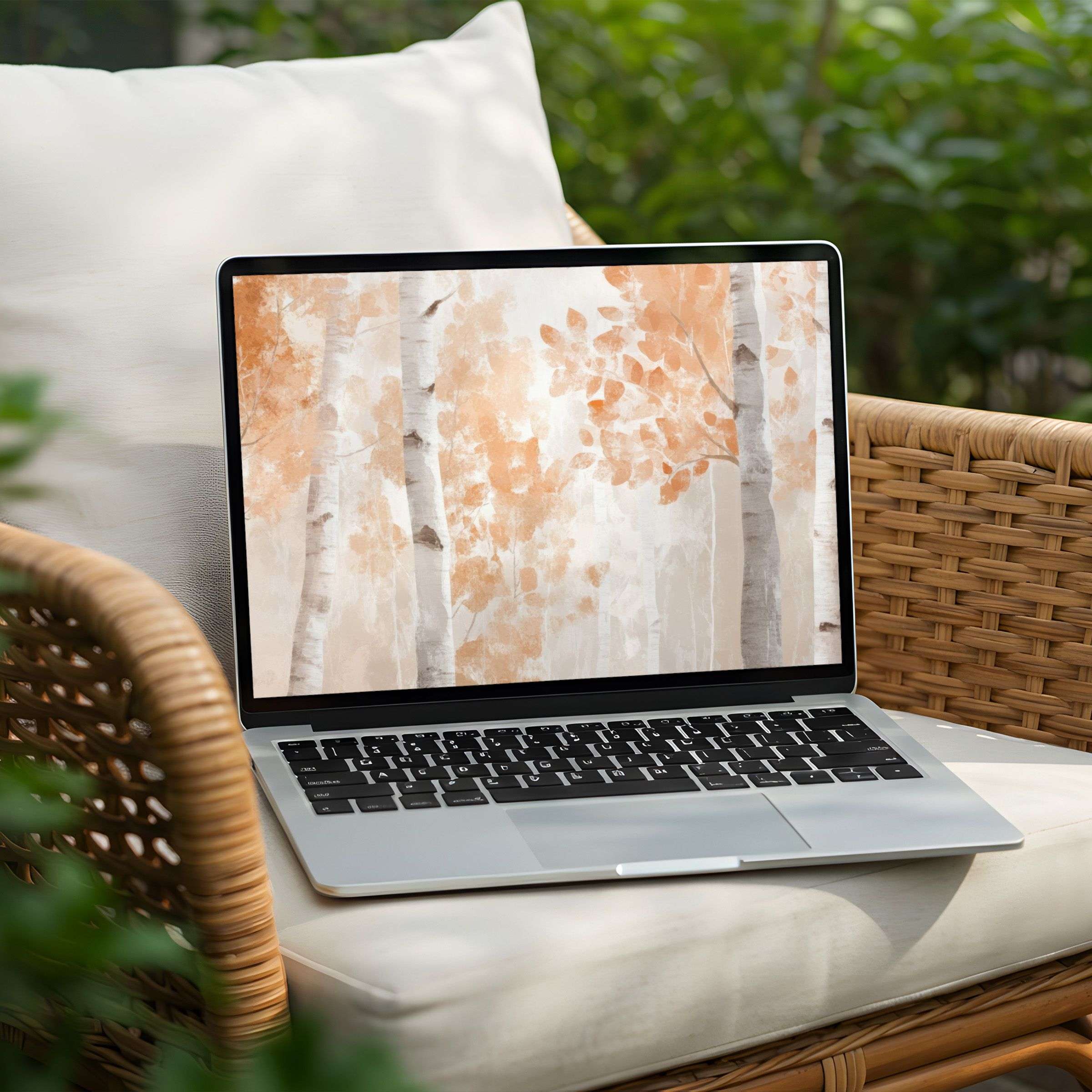 Elegant watercolor birch trees create a calming desktop background for PC or Laptop, available as an instant download