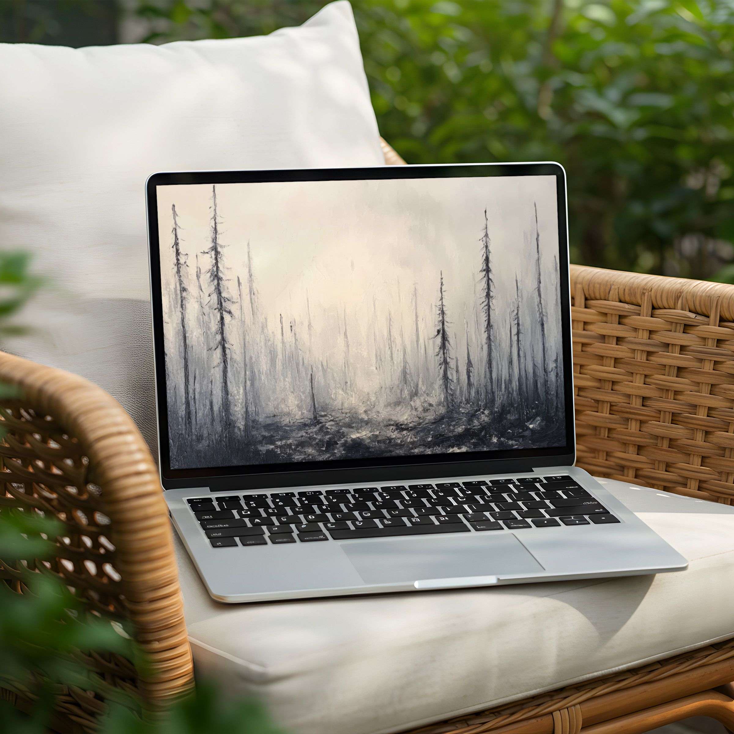 Tranquil forest scene in soft grays and whites as a desktop background for PC or Laptop offers instant download and inspiration