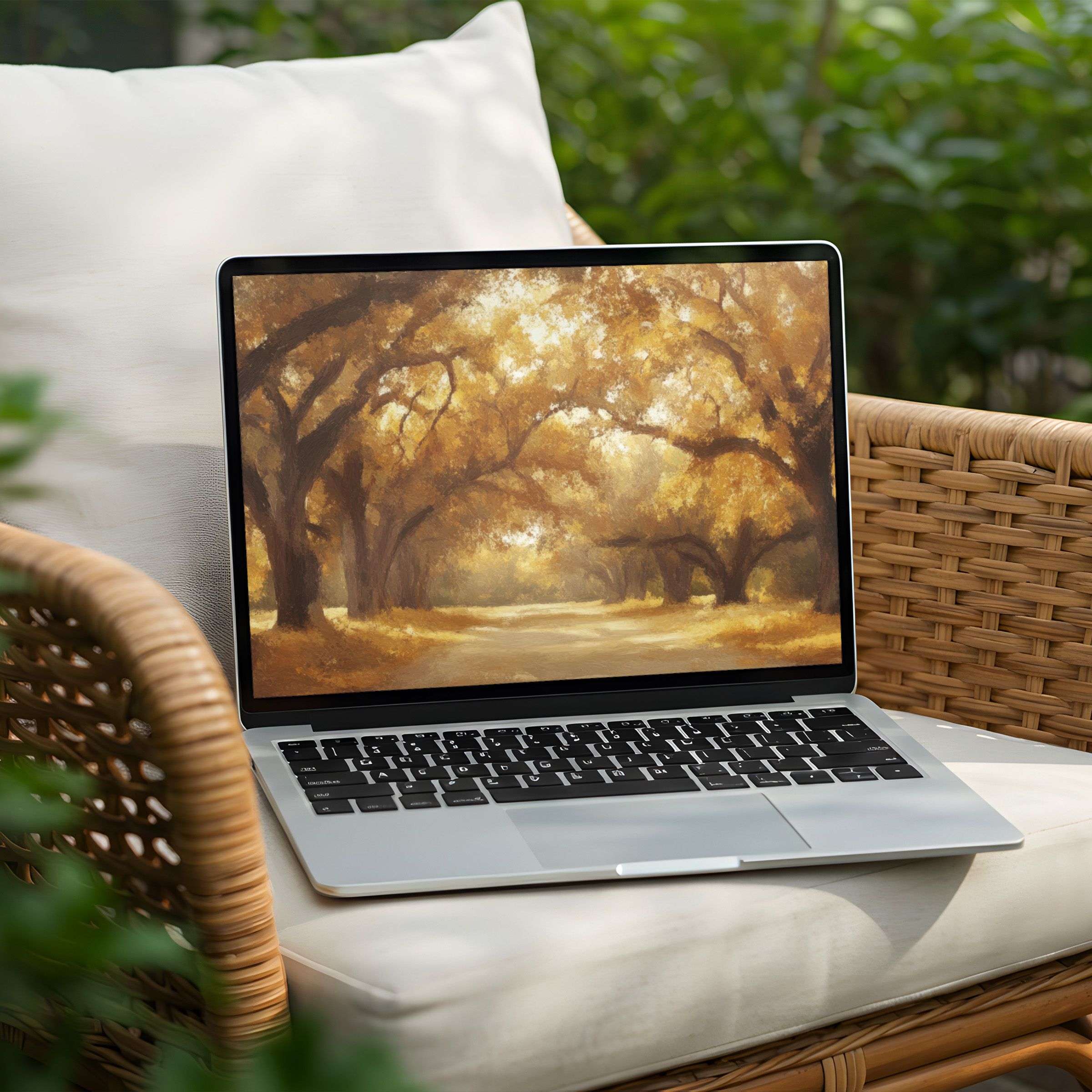 Serene golden forest shades evoke calm and elegance for your PC or Laptop desktop background; instant download available now
