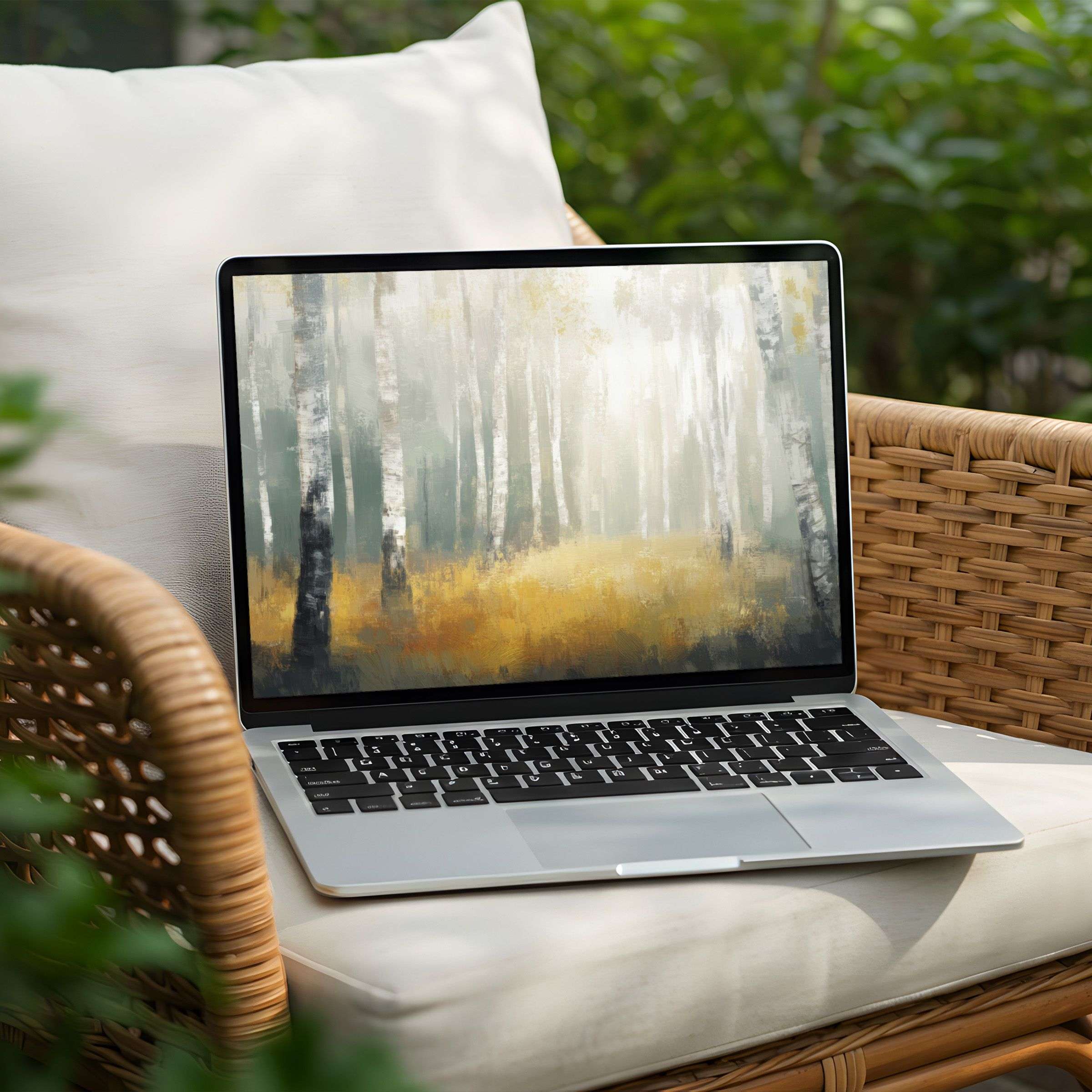 Elegant birch forest desktop background for PC and Laptop instant download creates calm and inspiring workspace aesthetics