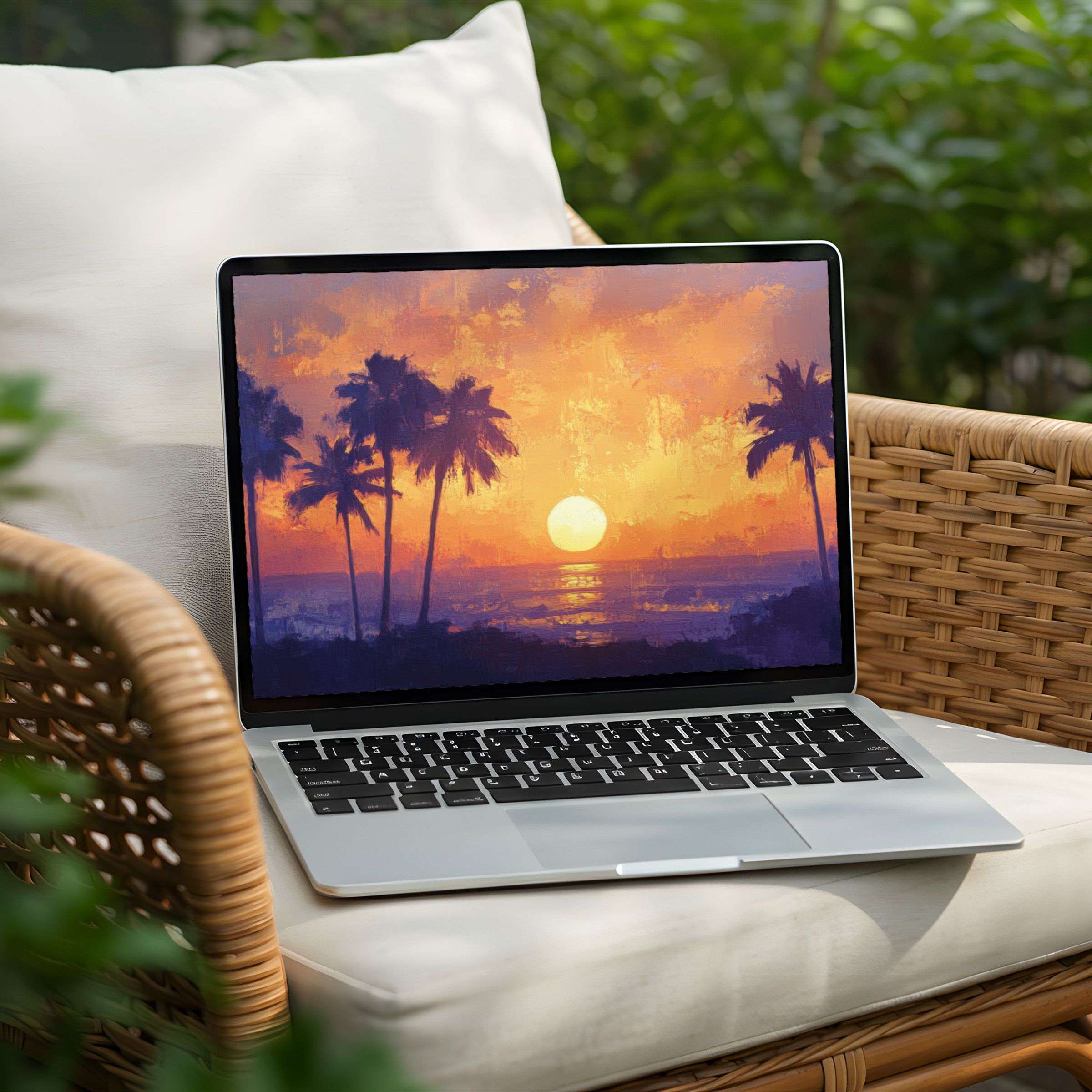 Sunset palm tree digital art desktop background for PC or Laptop instant download to inspire calm and elegant mindfulness