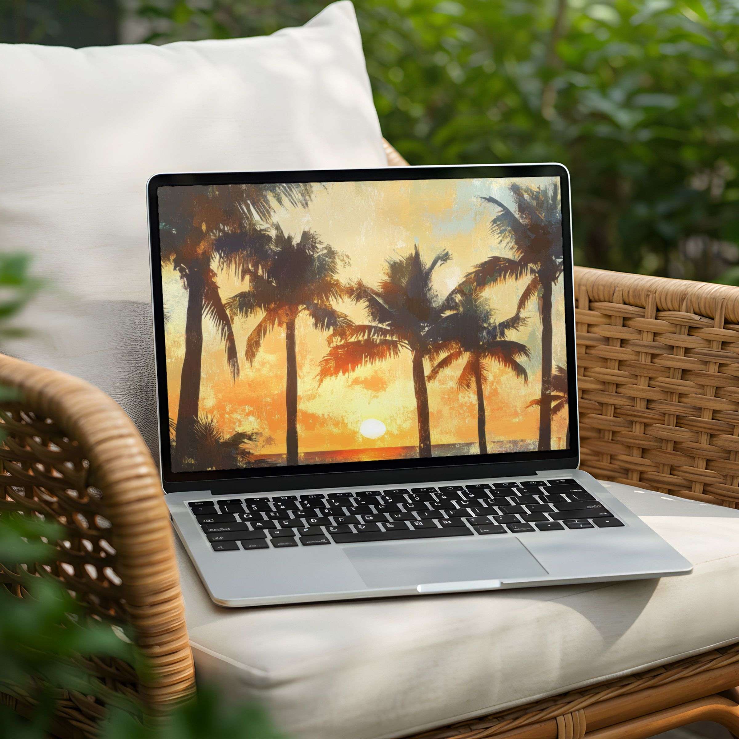 Tropical sunset desktop background for PC and Laptop instant download calming serene palm silhouettes against an orange sky