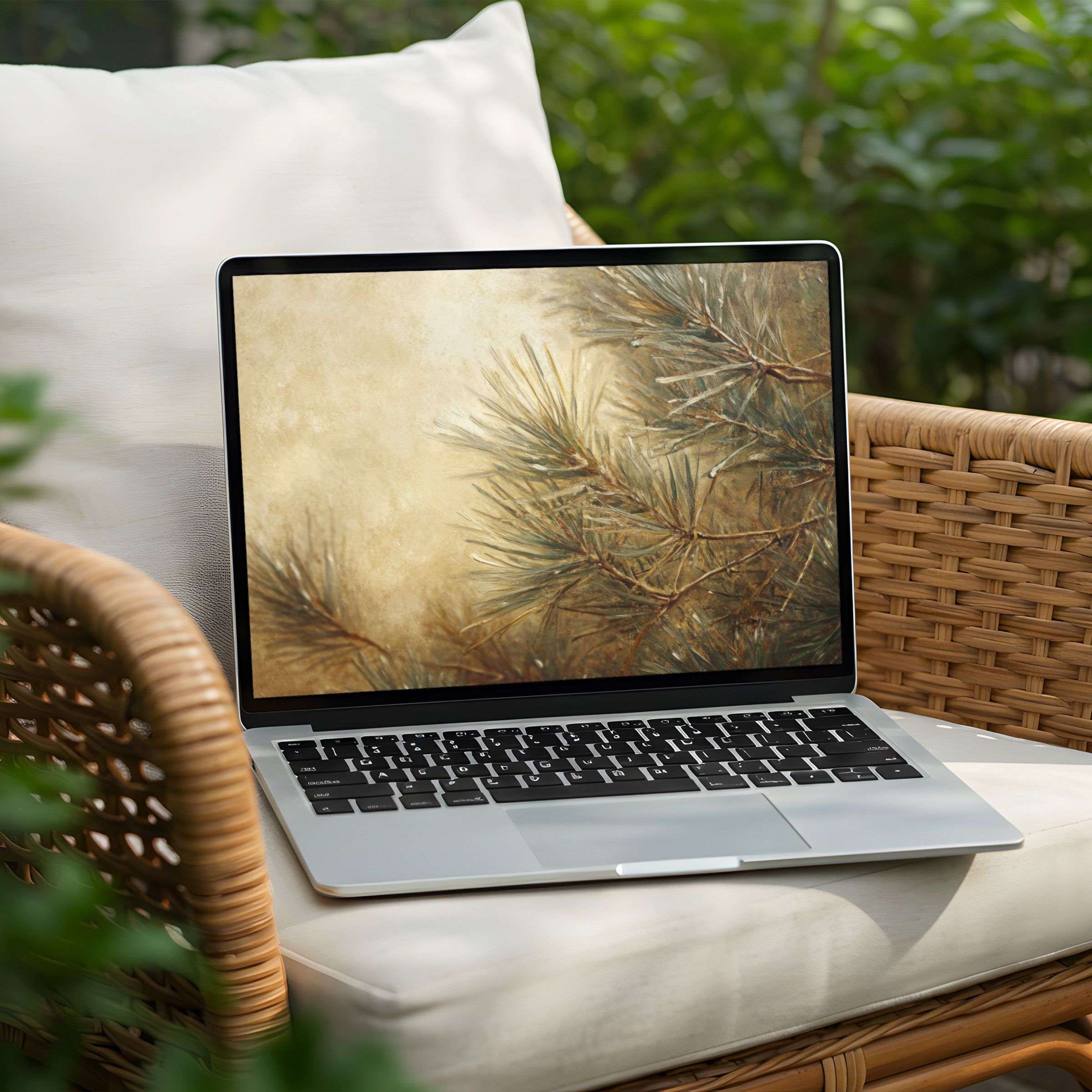 Serene pine branch desktop background for PC and Laptop instant download offers calm inspiration with its elegant, earthy tones