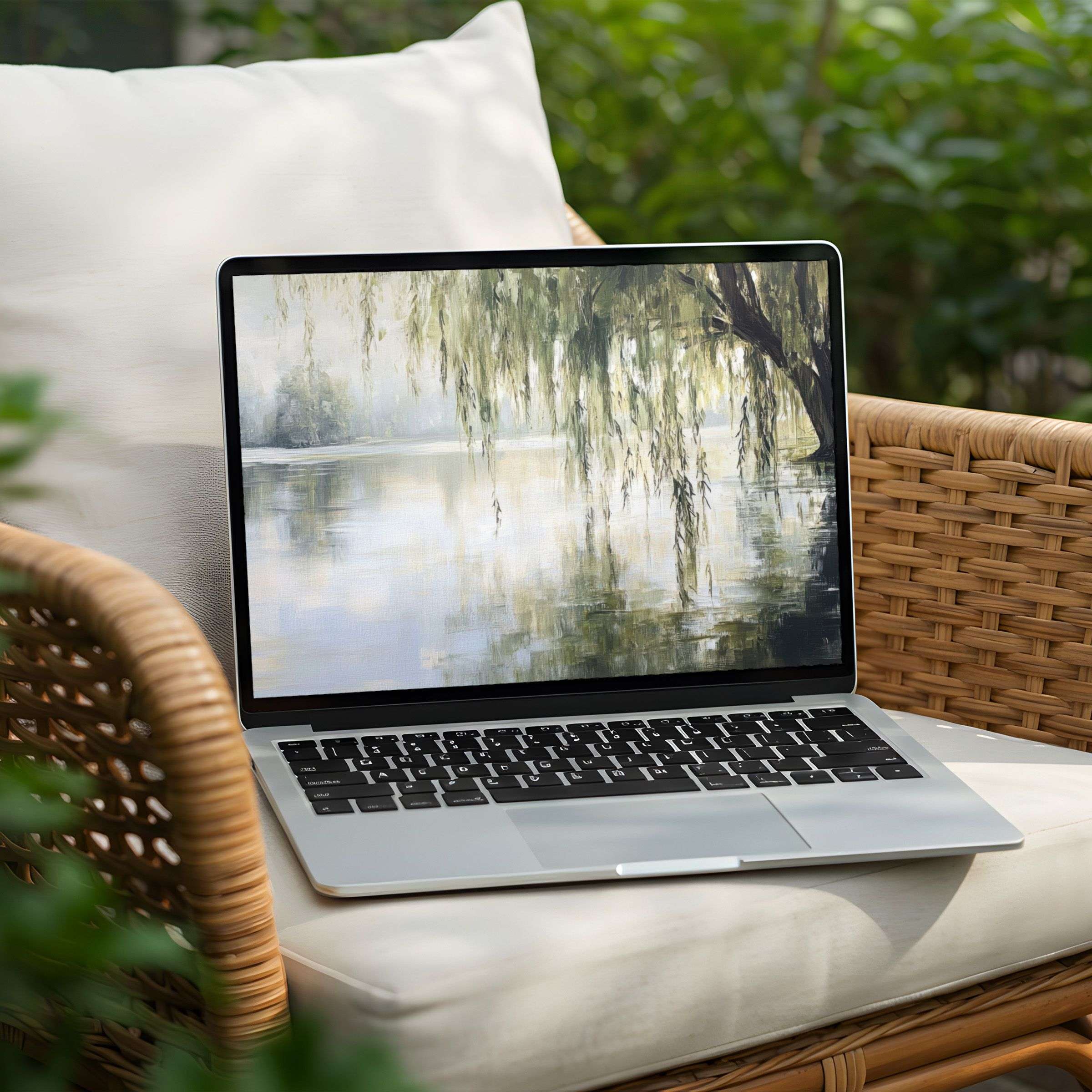 Calm and elegant desktop background for Laptop or PC, instant download evokes nature's tranquility with serene willow reflections